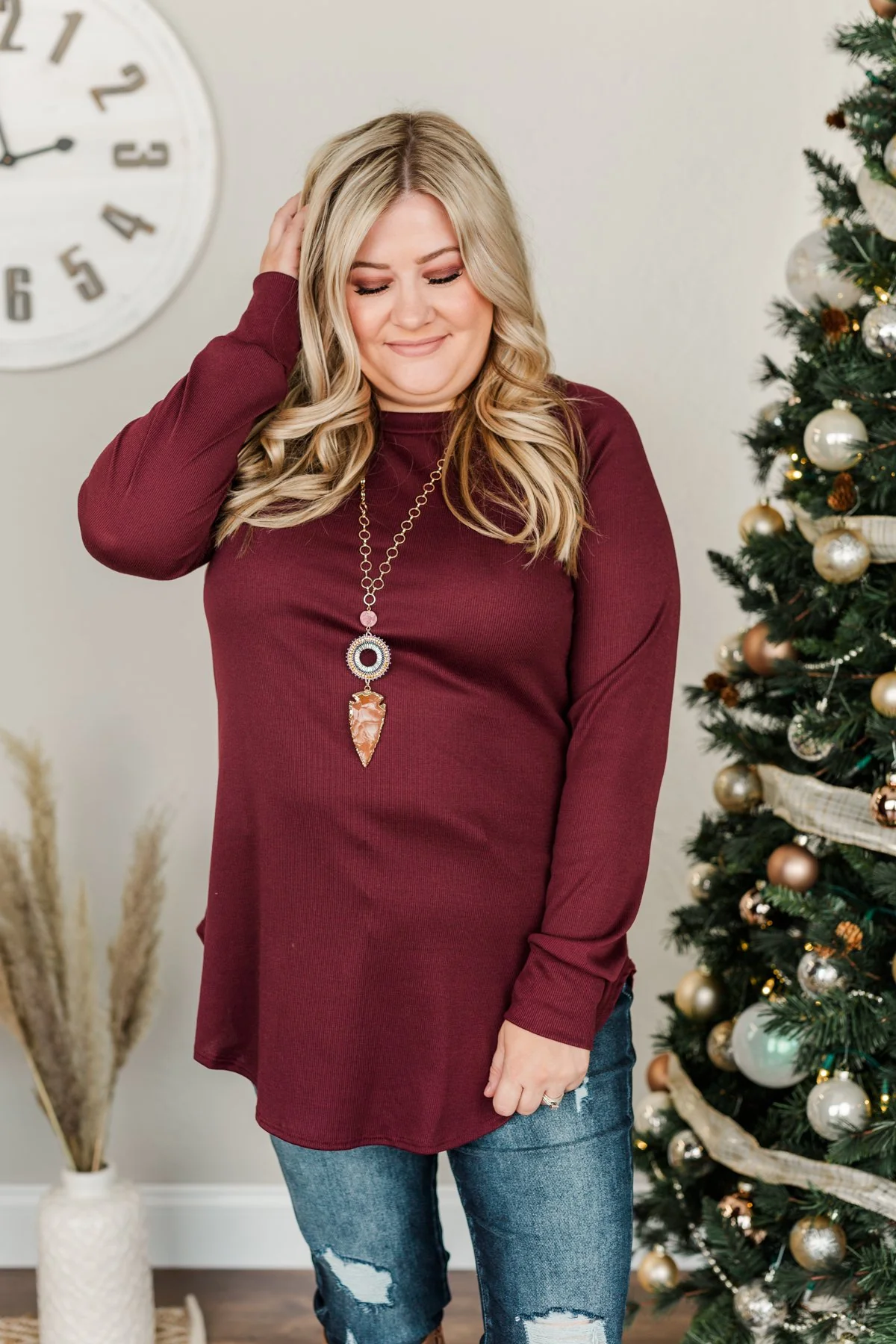 Meet In The Middle Knit Tunic Top- Burgundy - Image 3
