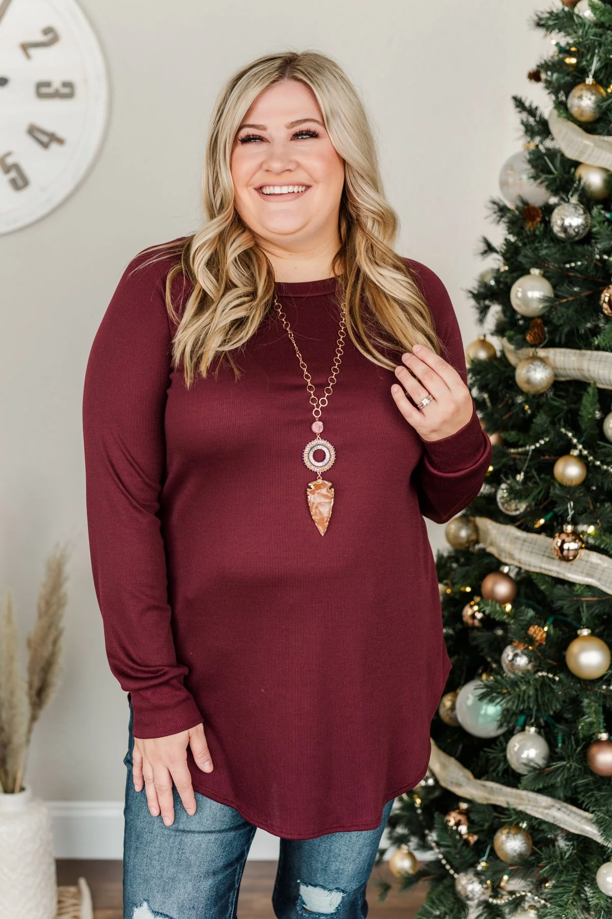Meet In The Middle Knit Tunic Top- Burgundy - Image 5