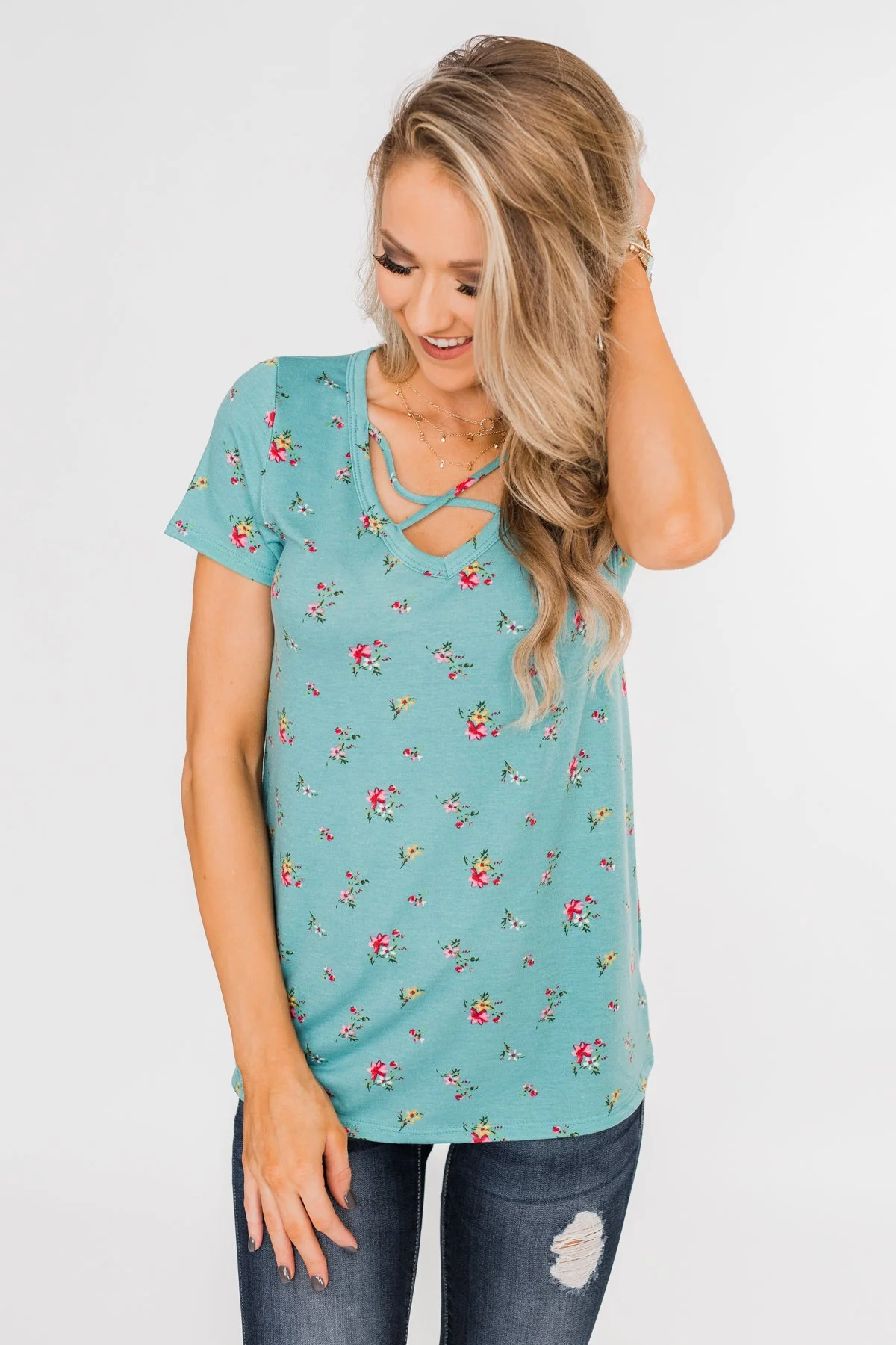 Meet Me in the Garden Floral Criss Cross Top- Light Blue - Image 4