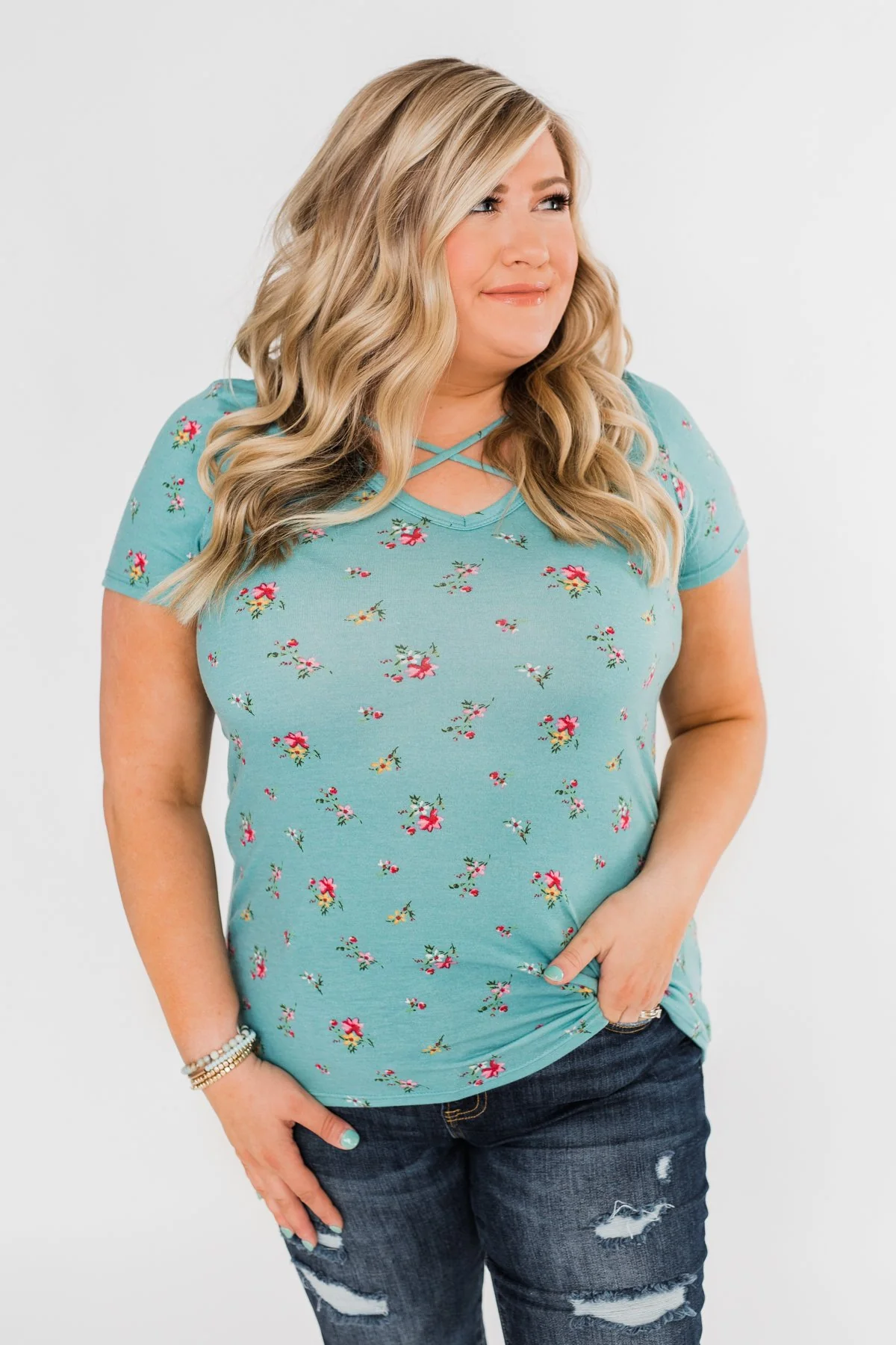 Meet Me in the Garden Floral Criss Cross Top- Light Blue - Image 5