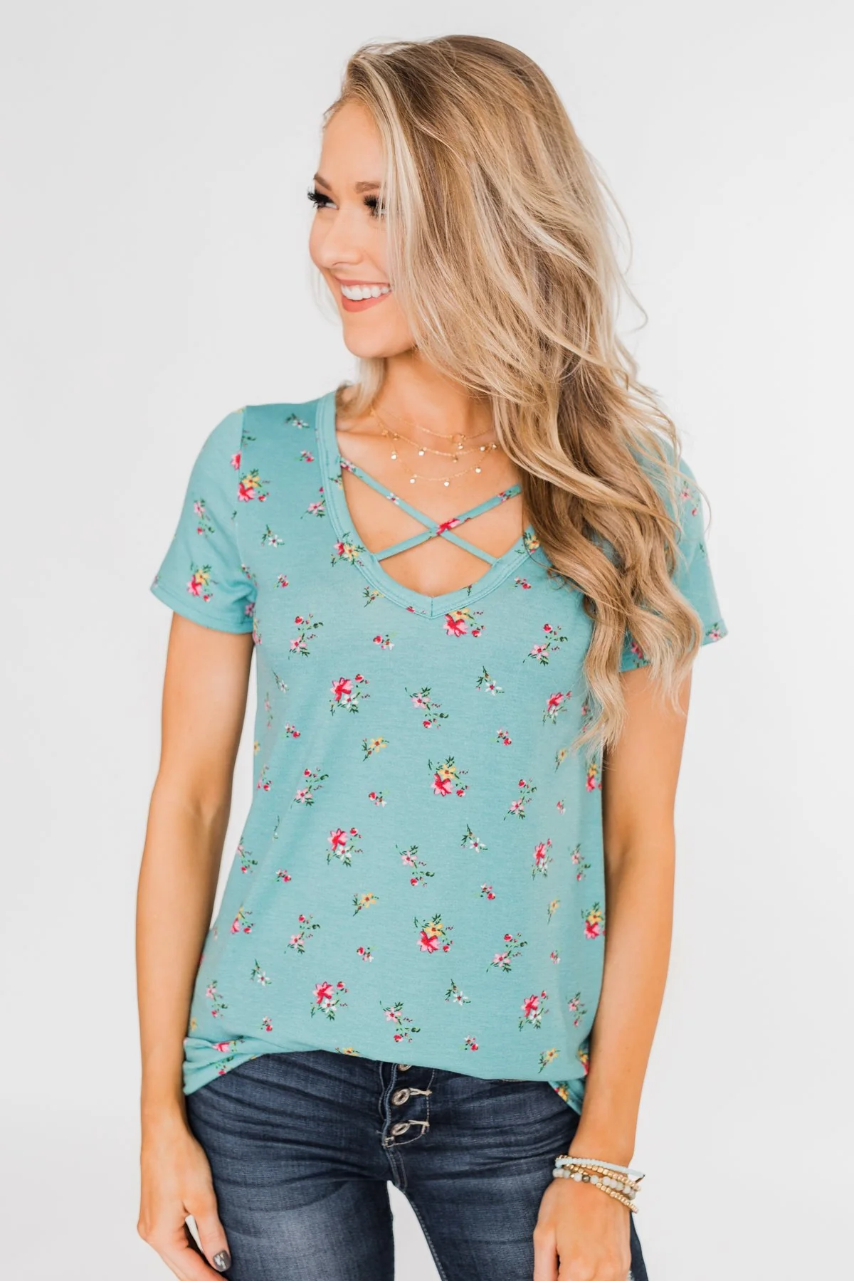 Meet Me in the Garden Floral Criss Cross Top- Light Blue - Image 6