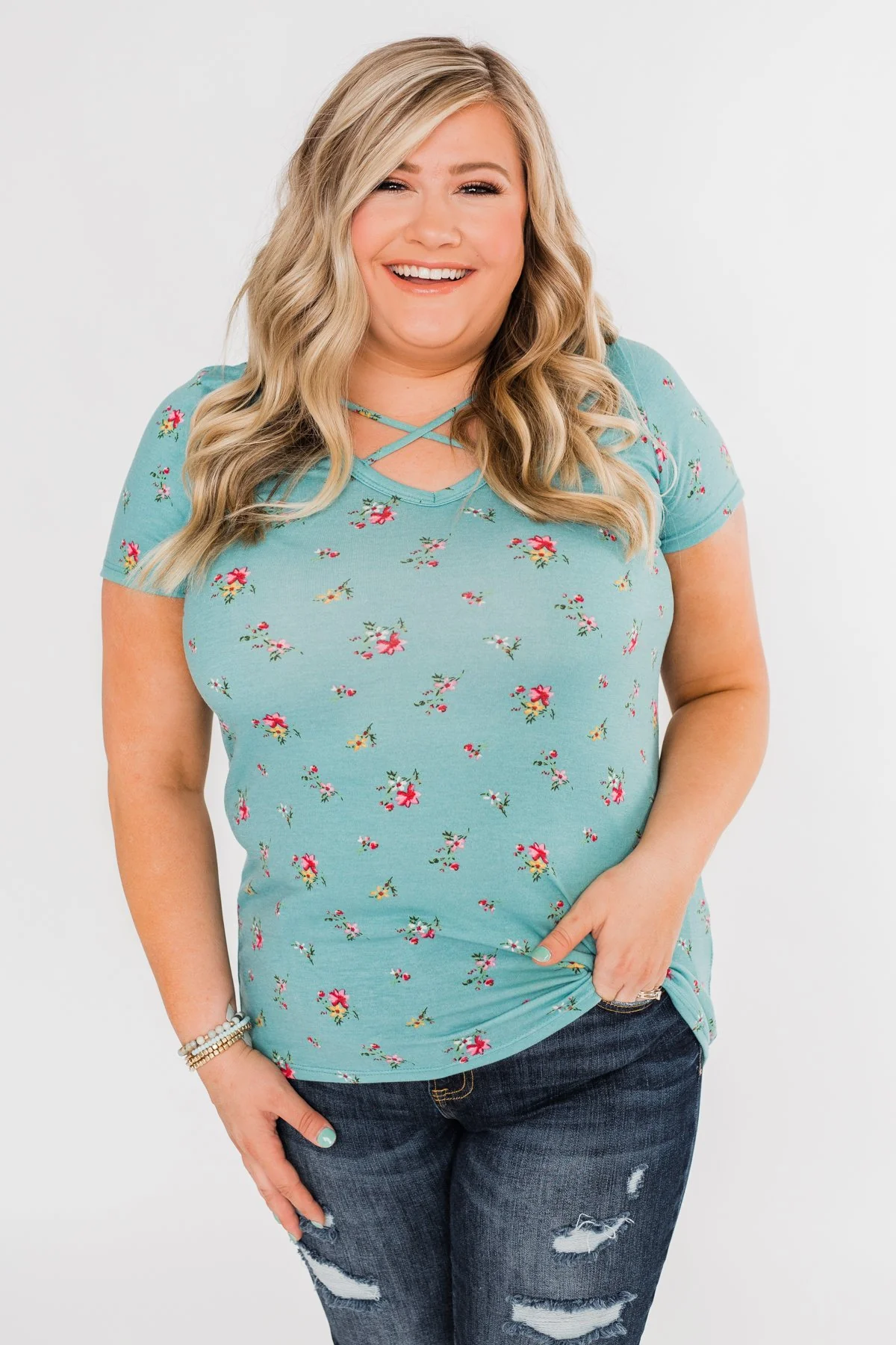 Meet Me in the Garden Floral Criss Cross Top- Light Blue - Image 9
