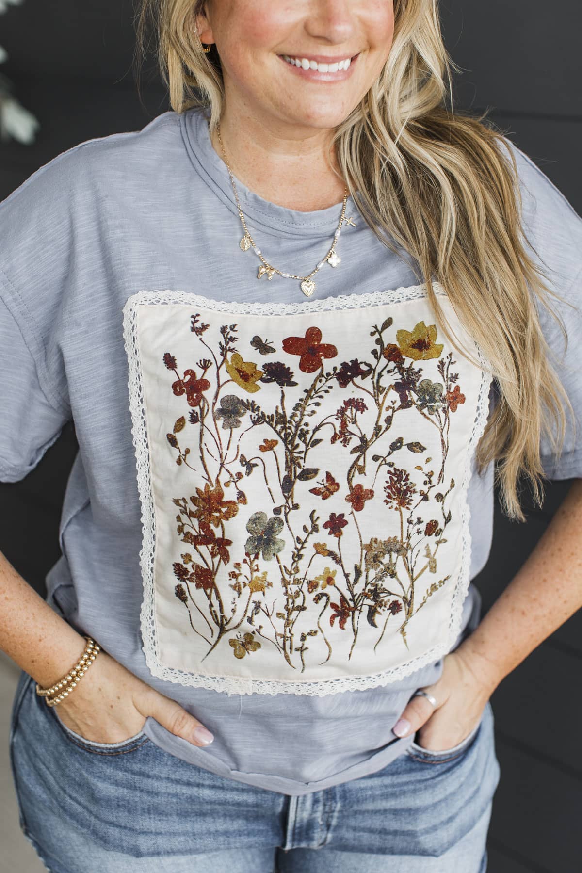Meet Me On The Path Short Sleeve Top- Light Slate Gray