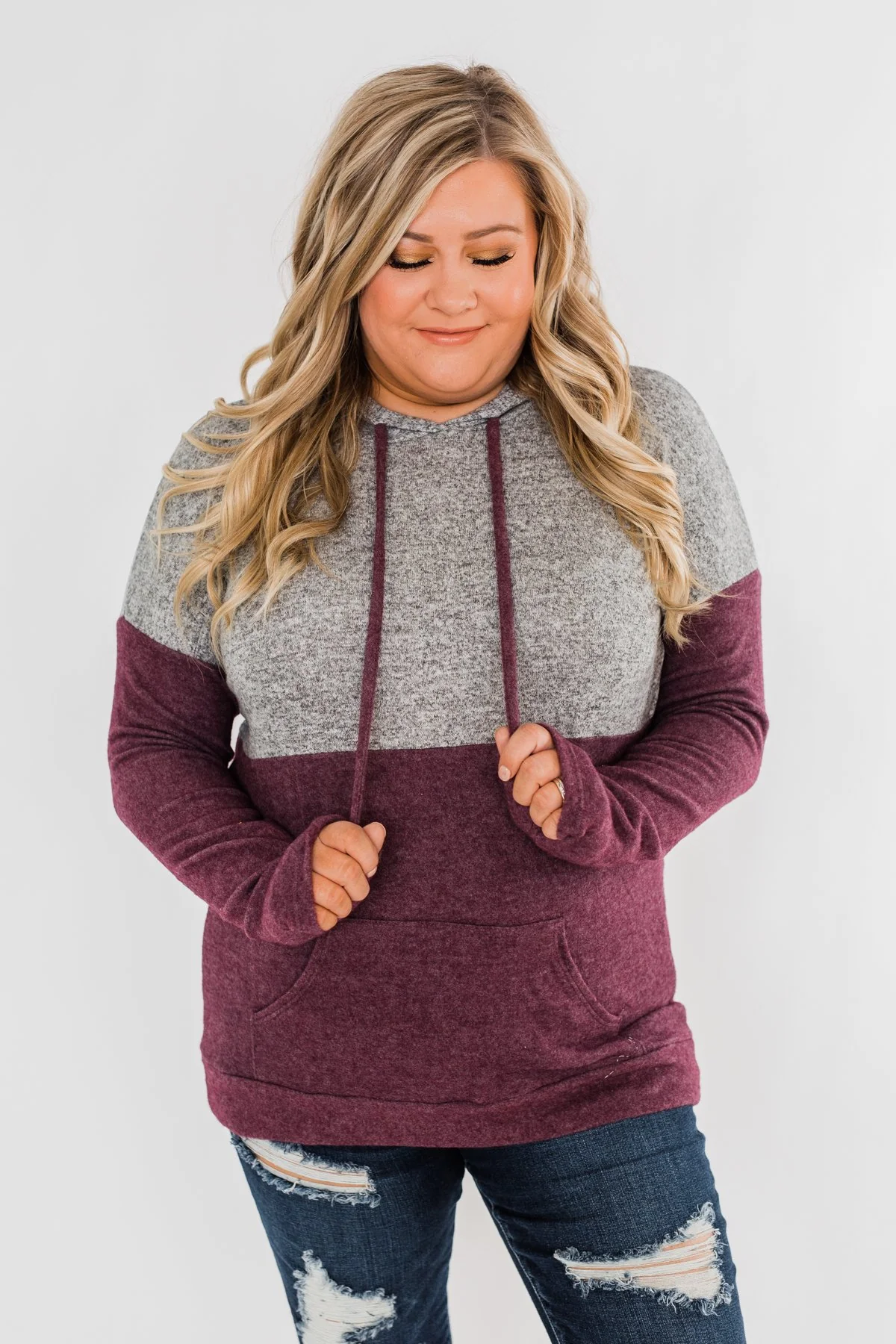 Melting Into You Drawstring Hoodie- Plum & Heather Grey - Image 6