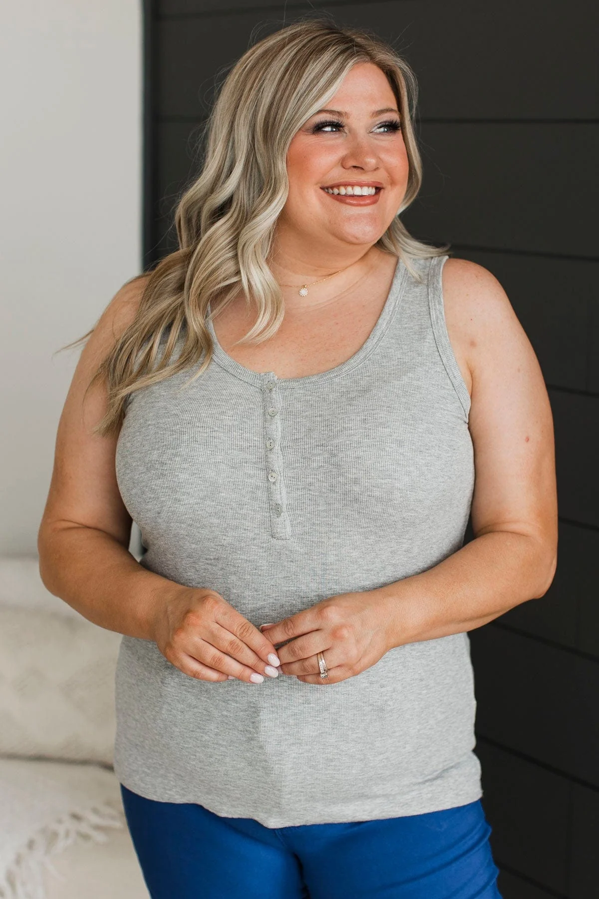 Memorable Moments Henley Tank Top- Heather Grey - Image 4