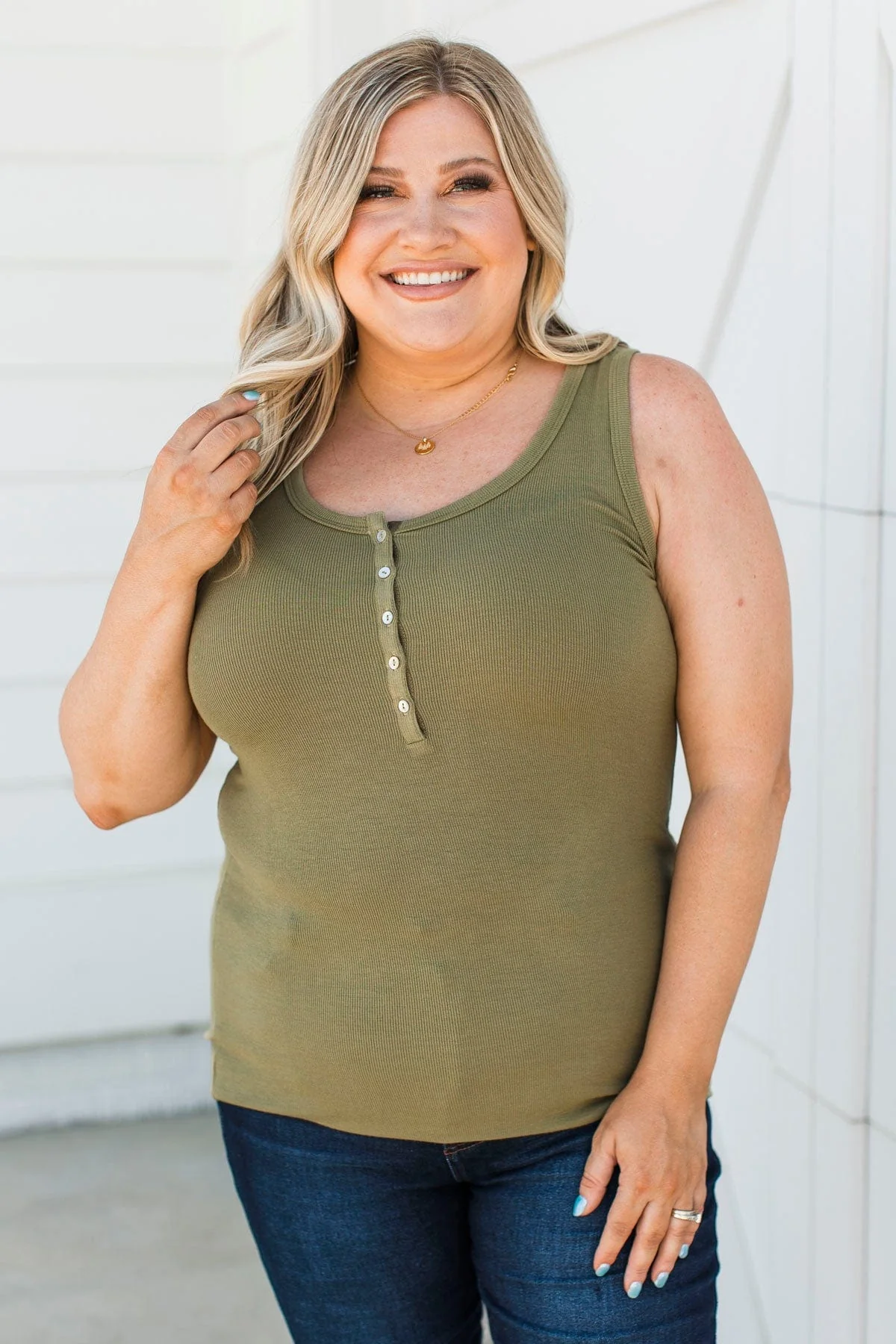 Memorable Moments Henley Tank Top- Light Olive - Image 4