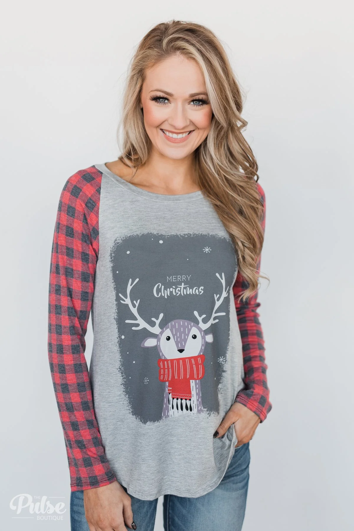 "Merry Christmas" Plaid Long Sleeve Top - Image 6