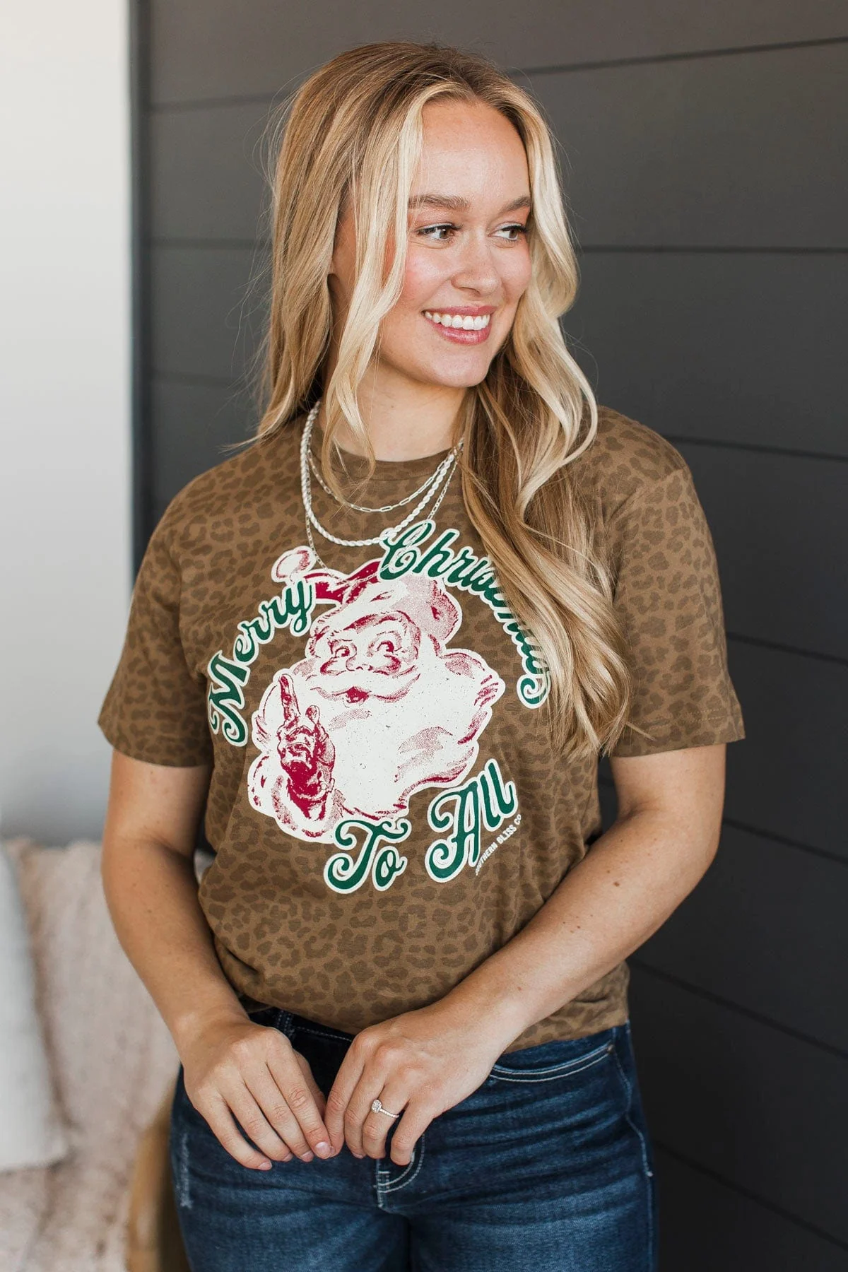 "Merry Christmas To All" Leopard Graphic Tee- Tan