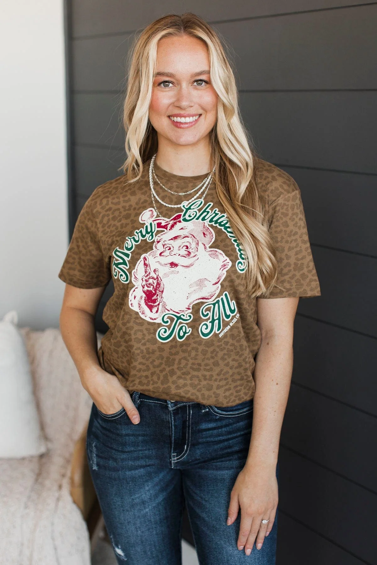 "Merry Christmas To All" Leopard Graphic Tee- Tan - Image 4