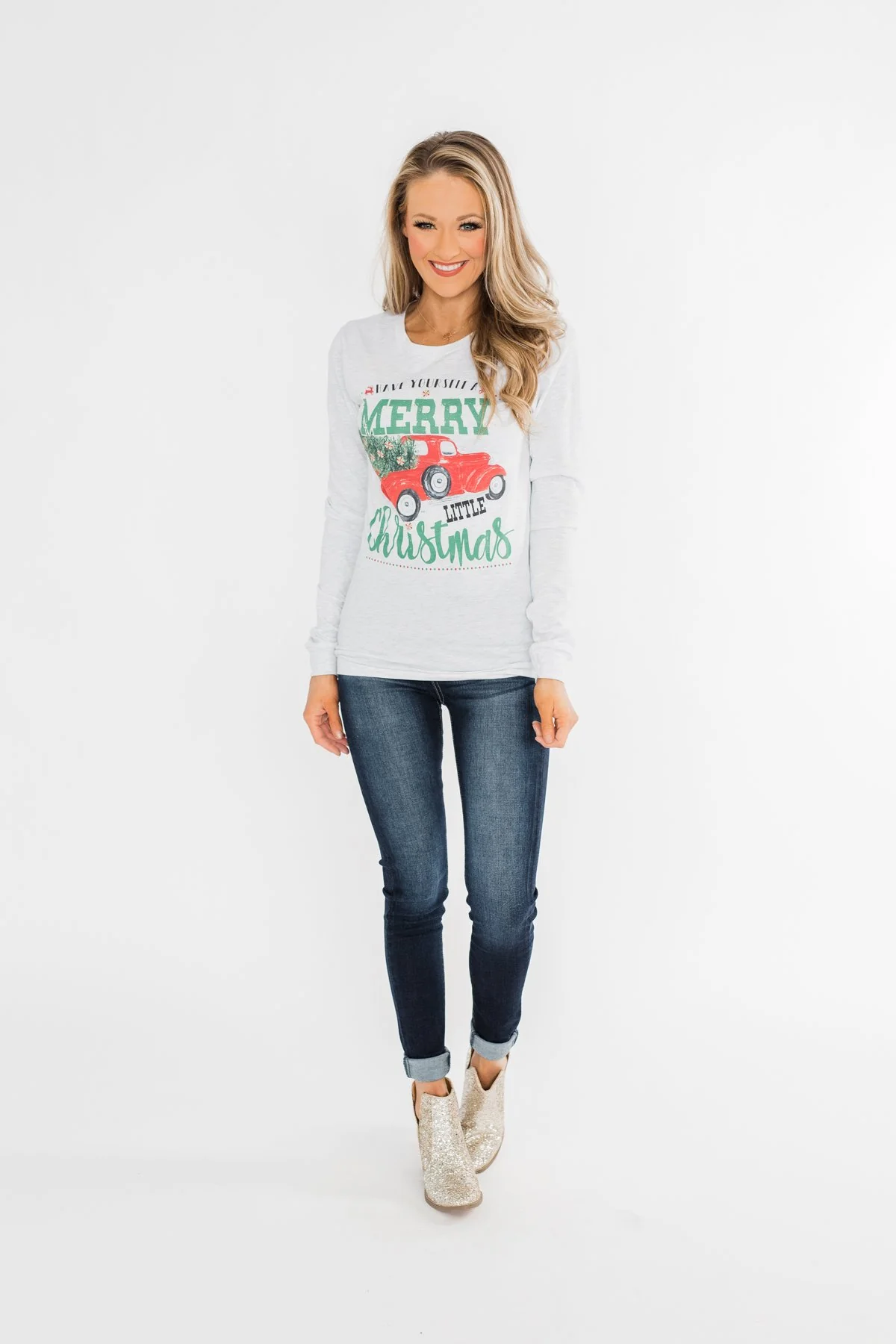 "Merry Little Christmas" Graphic Top- Heather Grey - Image 3