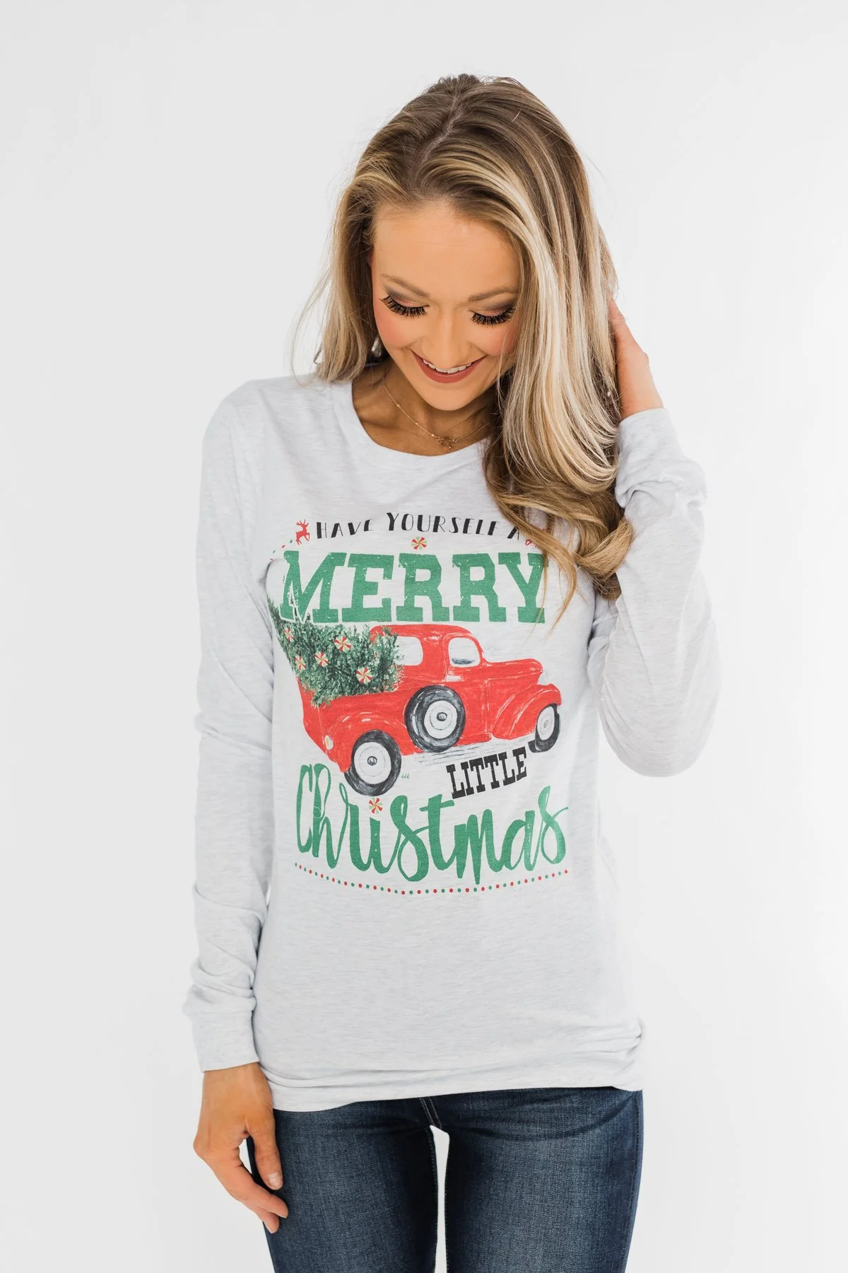 "Merry Little Christmas" Graphic Top- Heather Grey - Image 9