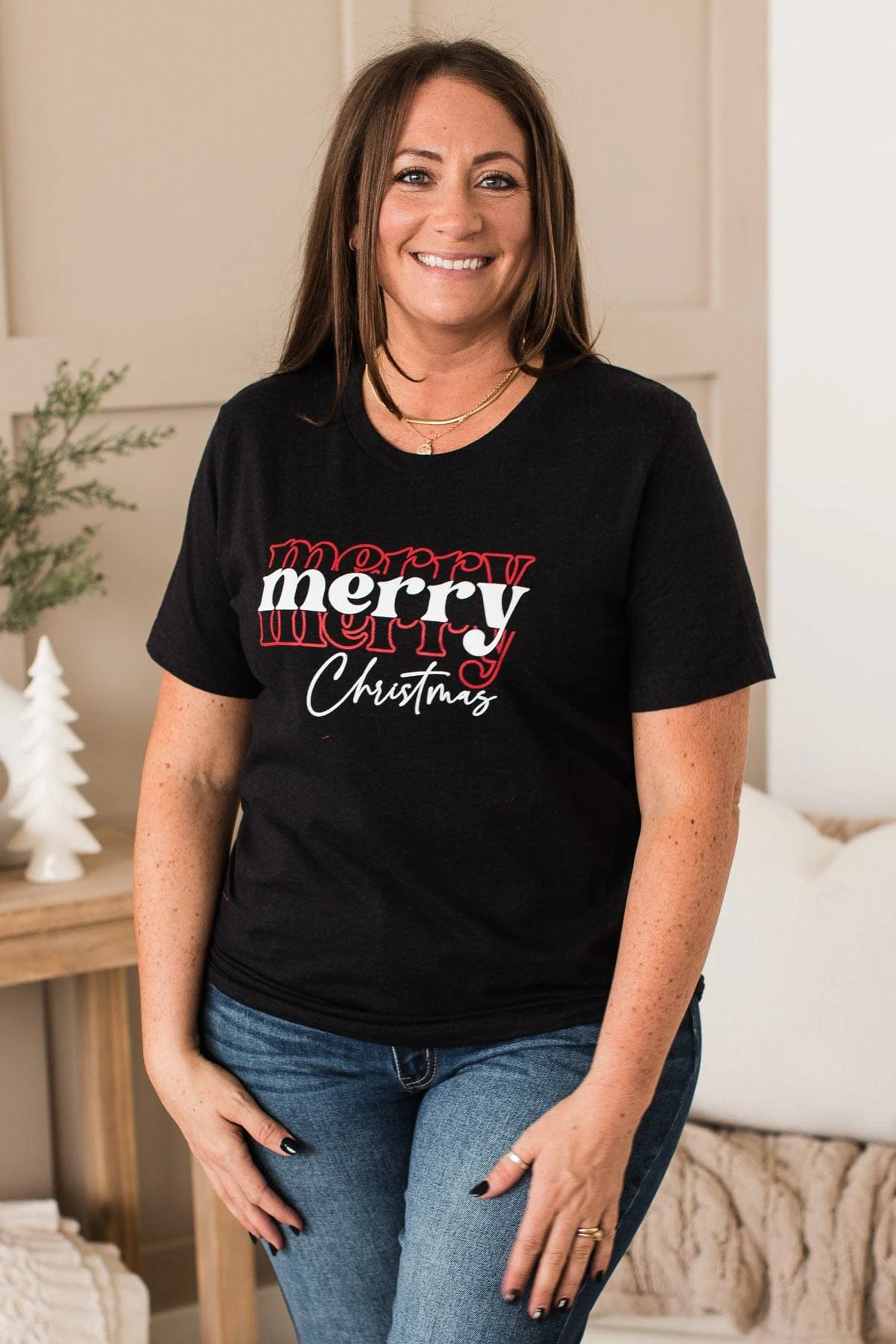 "Merry, Merry, Merry Christmas" Graphic Tee- Black - Image 2