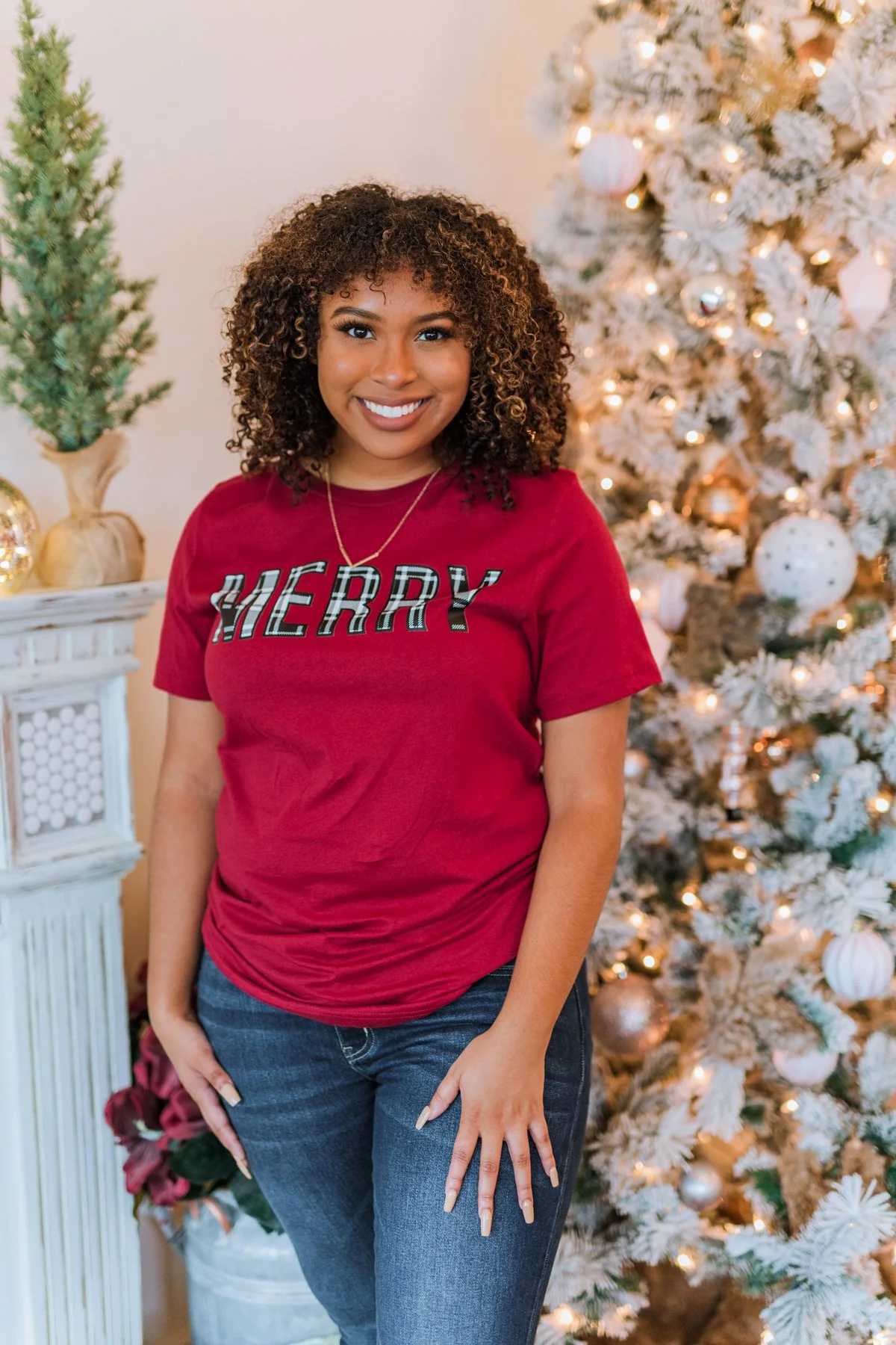 "Merry" Plaid Print Graphic Tee- Maroon - Image 4