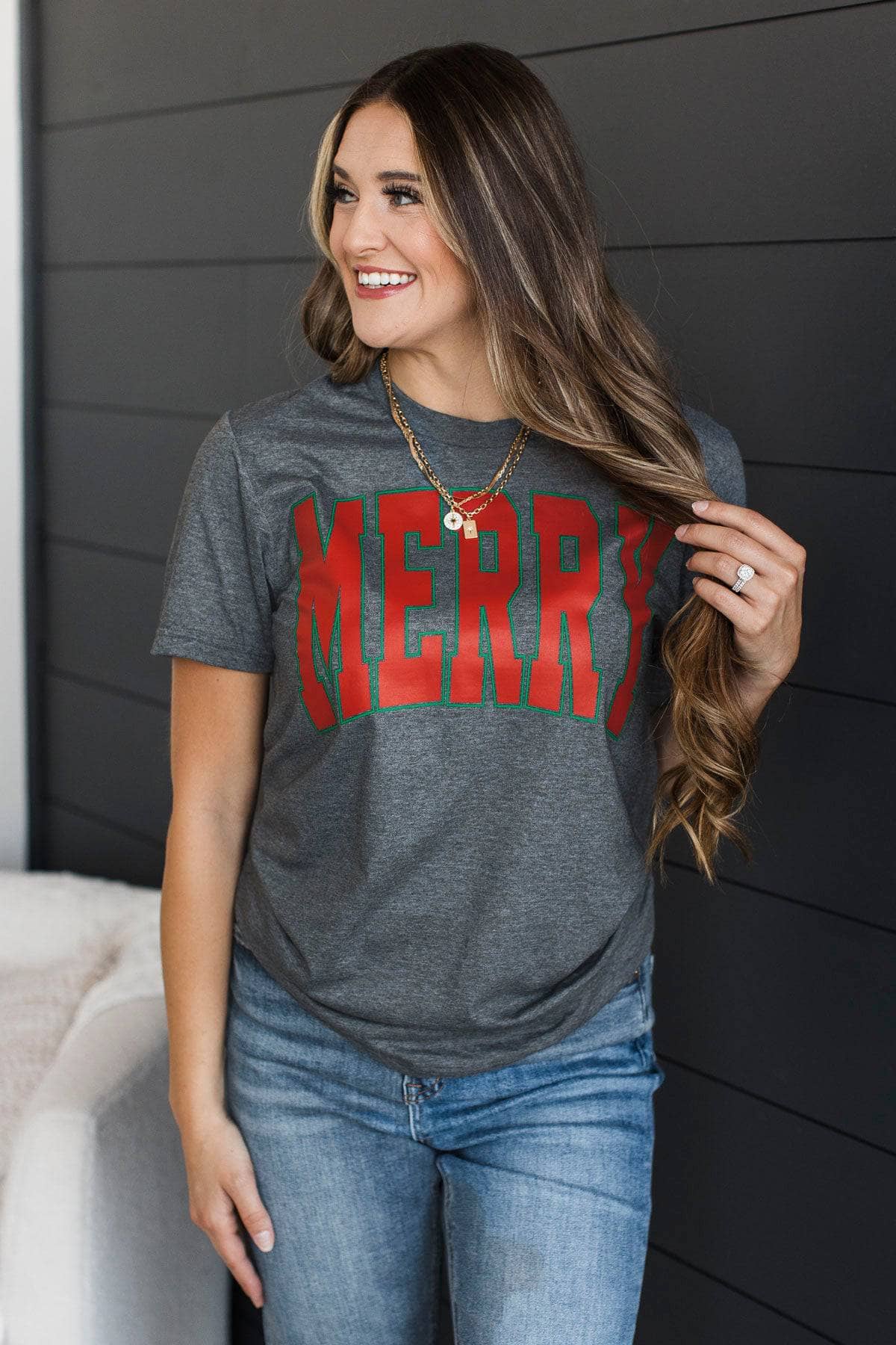 "Merry" Varsity Graphic Tee- Charcoal - Image 3
