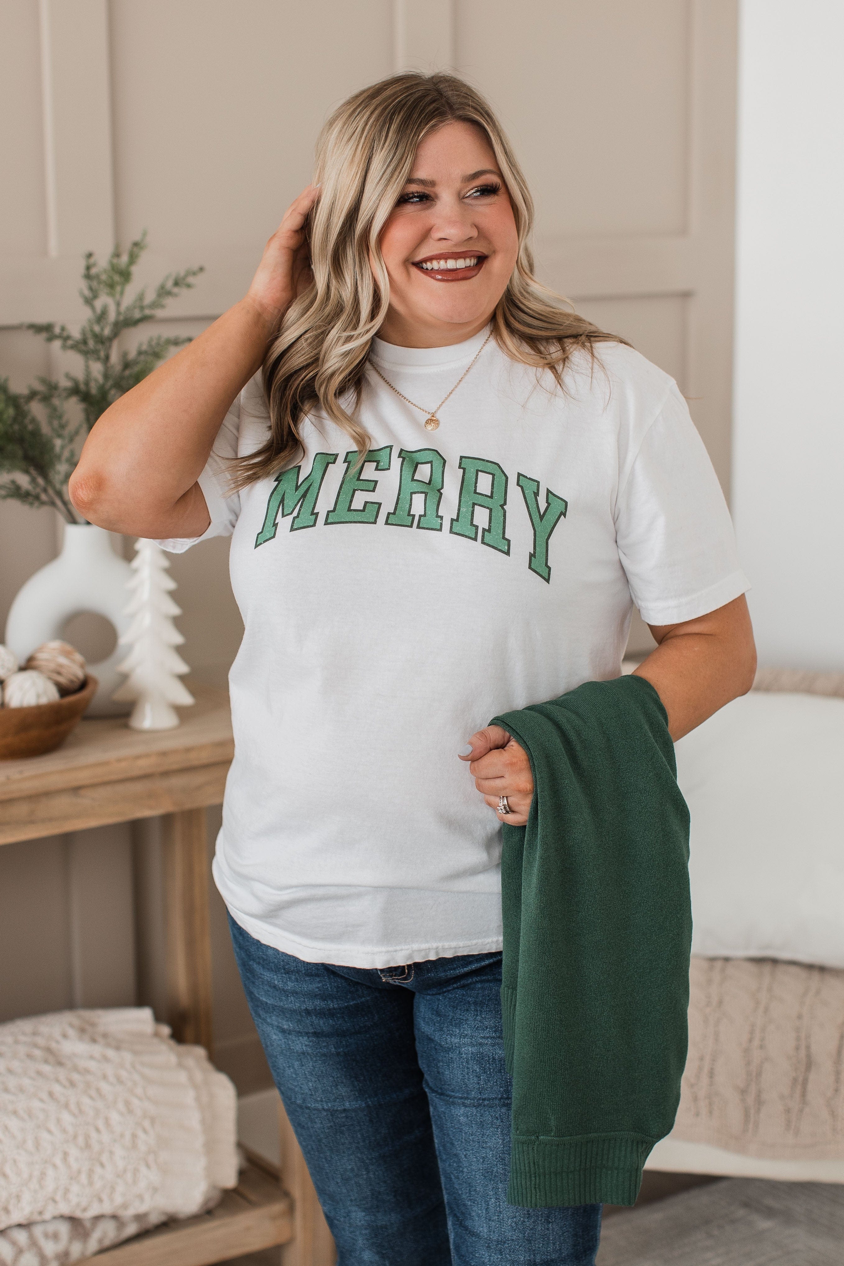 "Merry" Varsity Graphic Top- Ivory - Image 2
