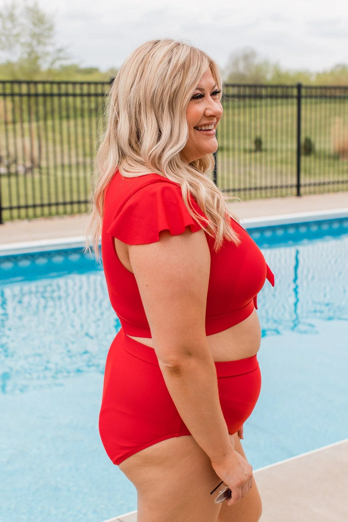 Miami Memories Flutter Sleeve Swim Top- Bright Red - Image 9