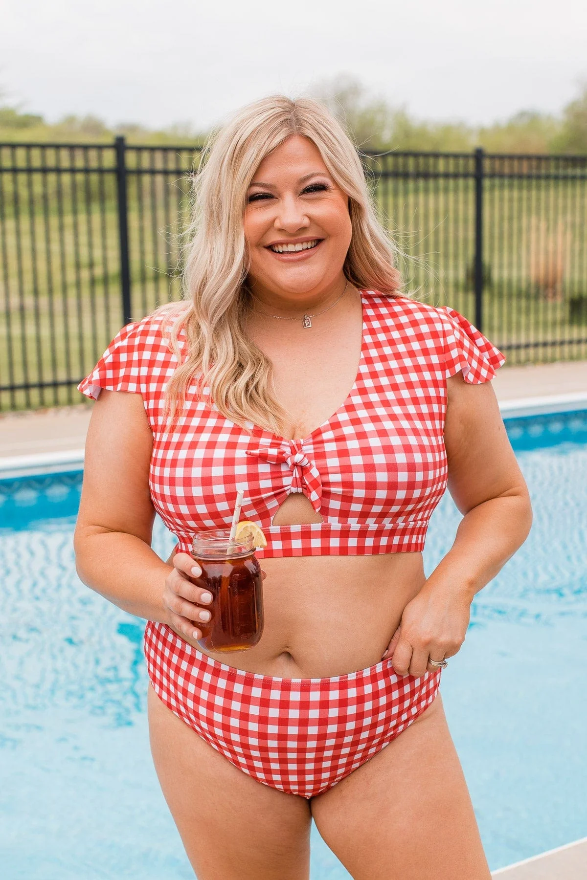 Miami Memories Flutter Sleeve Swim Top- Red Gingham - Image 6