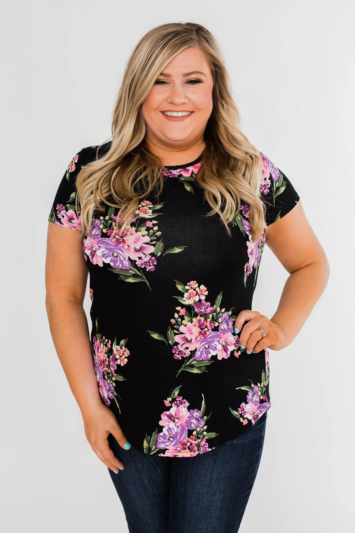 Midnight Blossoms Short Sleeve Floral Top- Black - Image 3