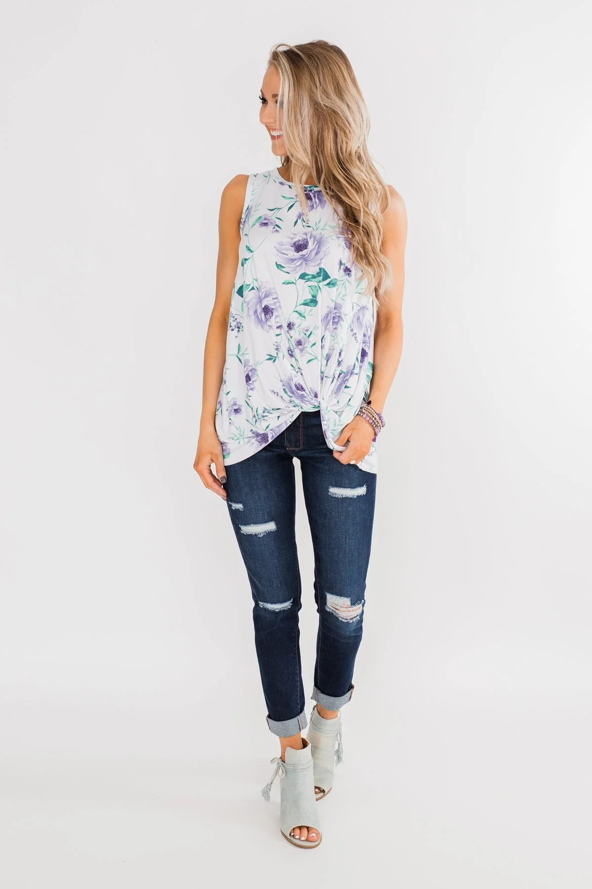 Midnight Expressions Floral Knot Tank Top - Ivory - Image 11
