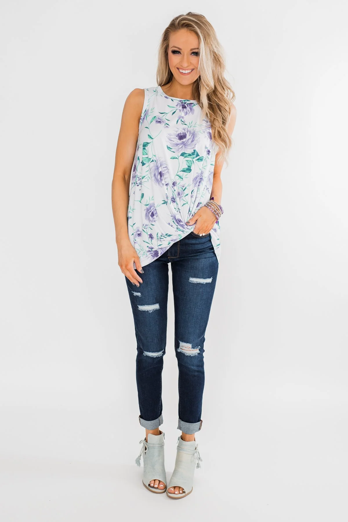 Midnight Expressions Floral Knot Tank Top - Ivory - Image 14