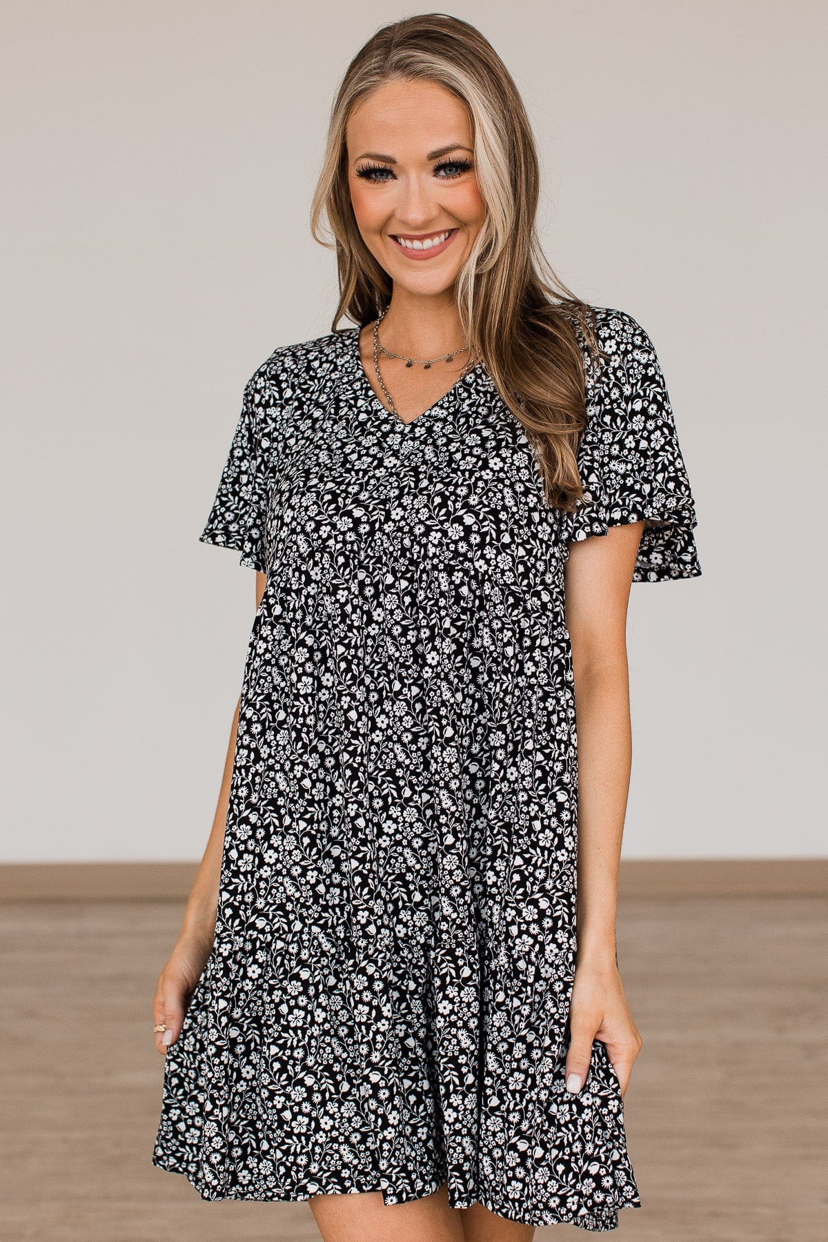 Midnight Memories Floral Tiered Dress- Black