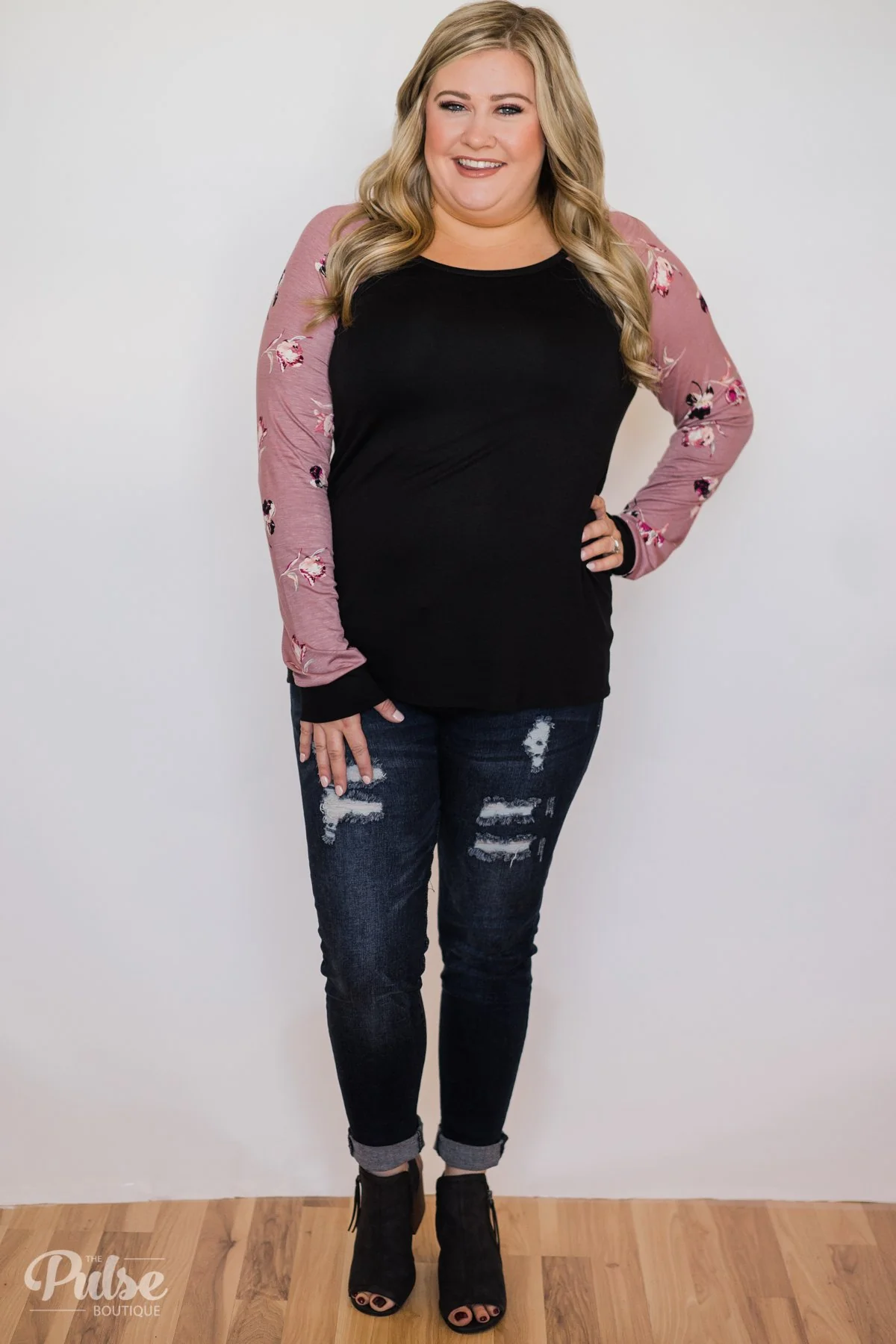 Midnight Wishes Long Sleeve Floral Top- Black & Mauve - Image 3