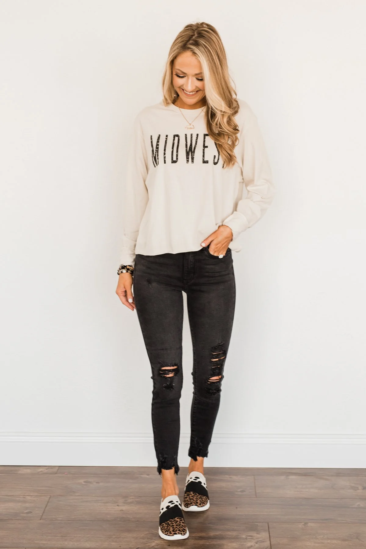 "Midwest" Raw Hem Graphic Top- Light Beige - Image 4