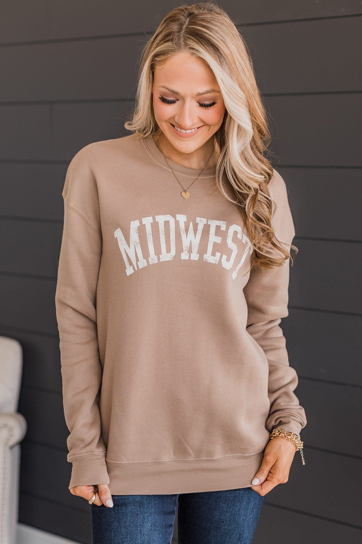 "Midwest" Graphic Crew Neck Pullover- Taupe - Image 3