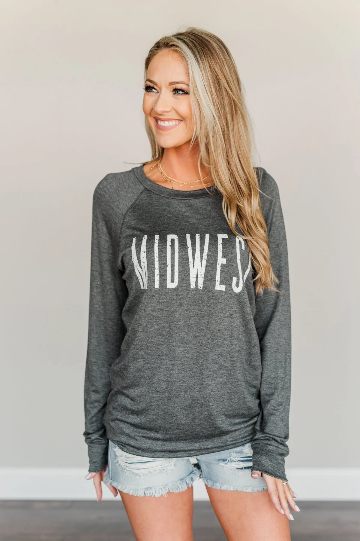 "Midwest" Long Sleeve Graphic Top- Charcoal - Image 3