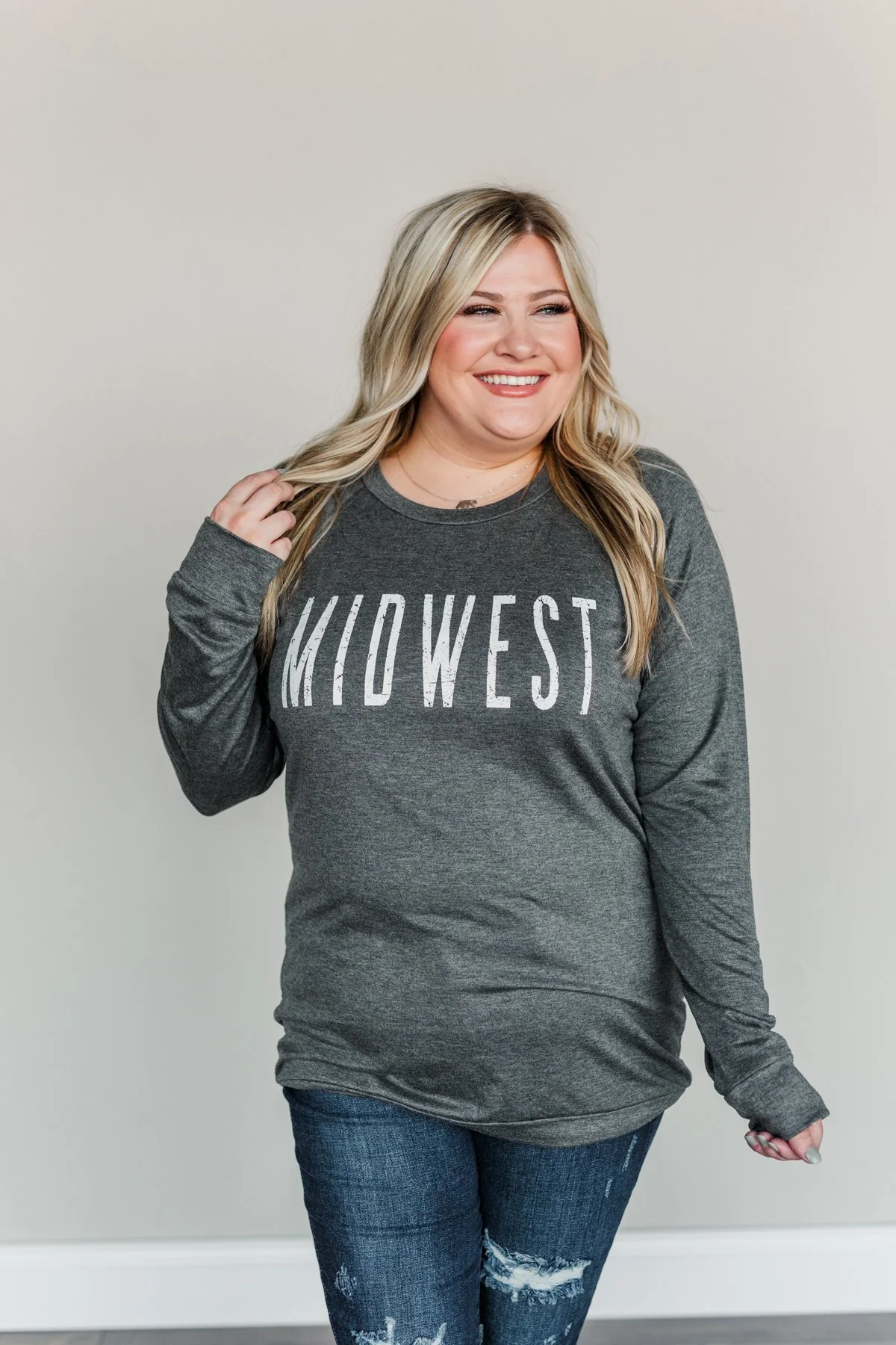 "Midwest" Long Sleeve Graphic Top- Charcoal - Image 4