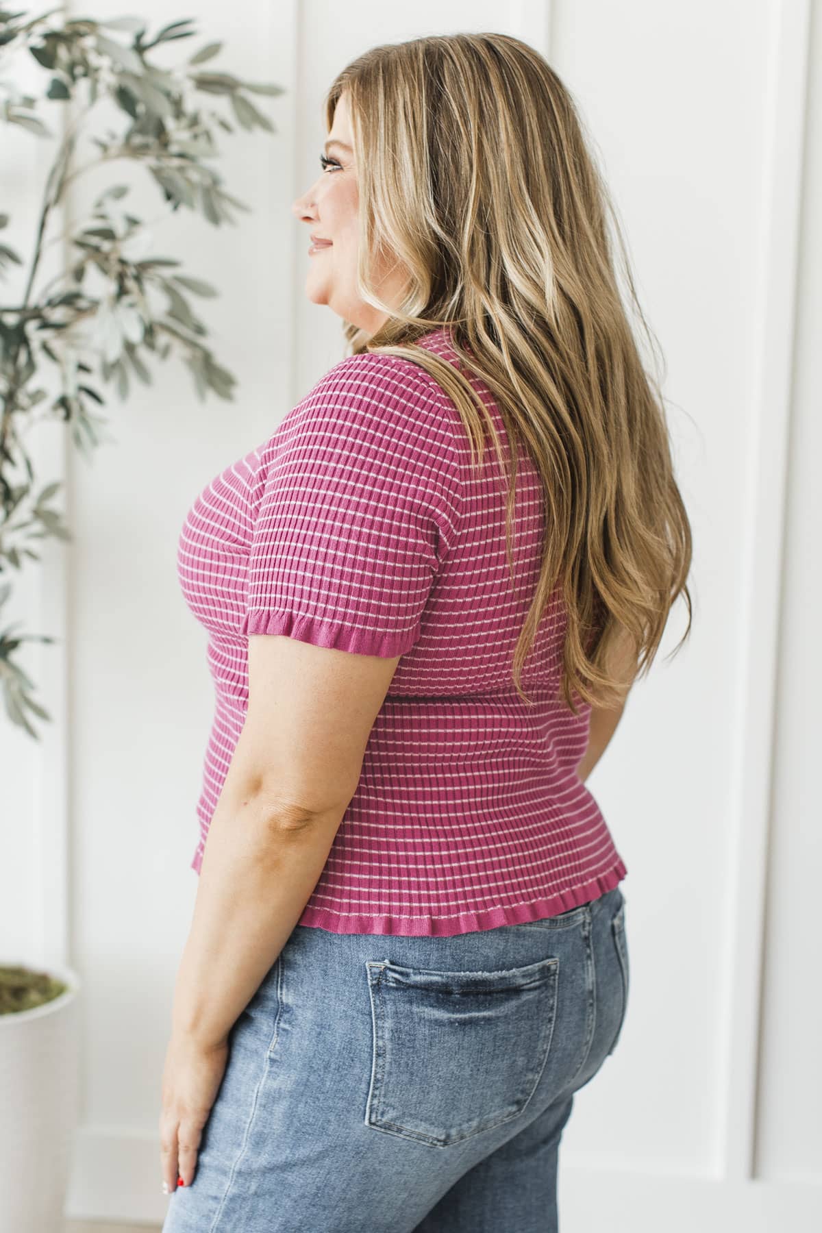 Mind Over Matter Stripe Print Ribbed Top- Berry - Image 5