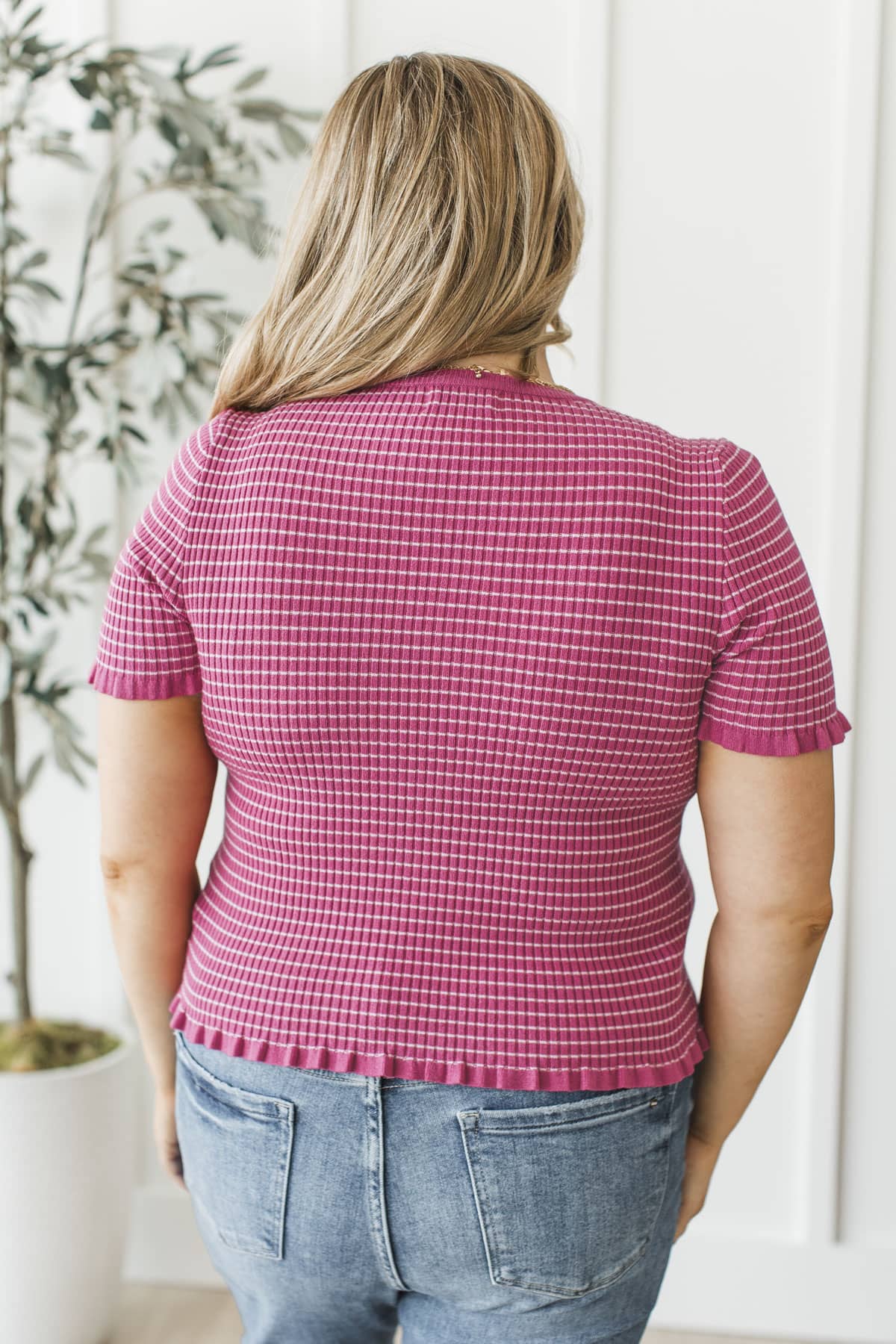 Mind Over Matter Stripe Print Ribbed Top- Berry - Image 7