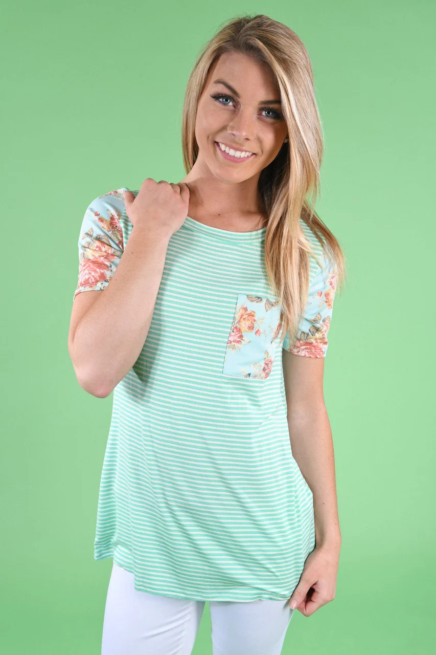Mint & Blue Floral Pocket Top