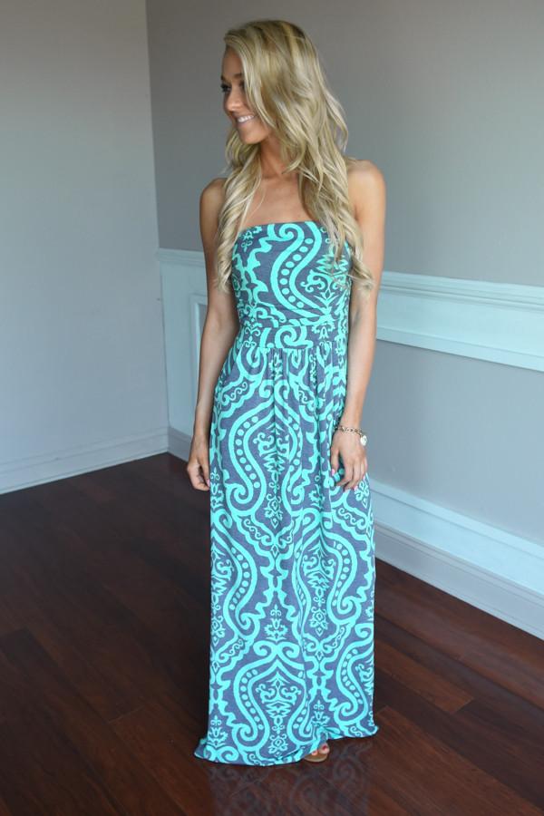 Mint & Gray Damask Maxi Dress with Pockets - Image 2