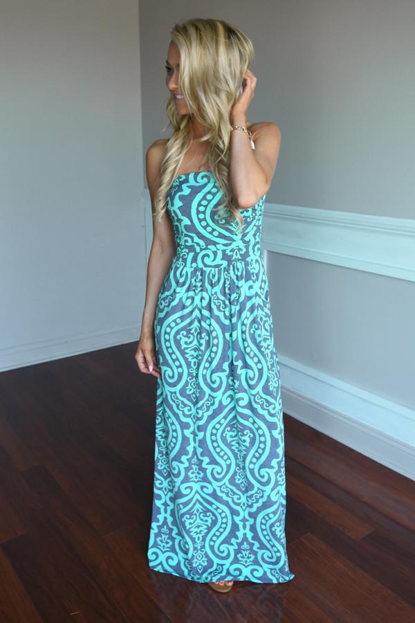Mint & Gray Damask Maxi Dress with Pockets - Image 4