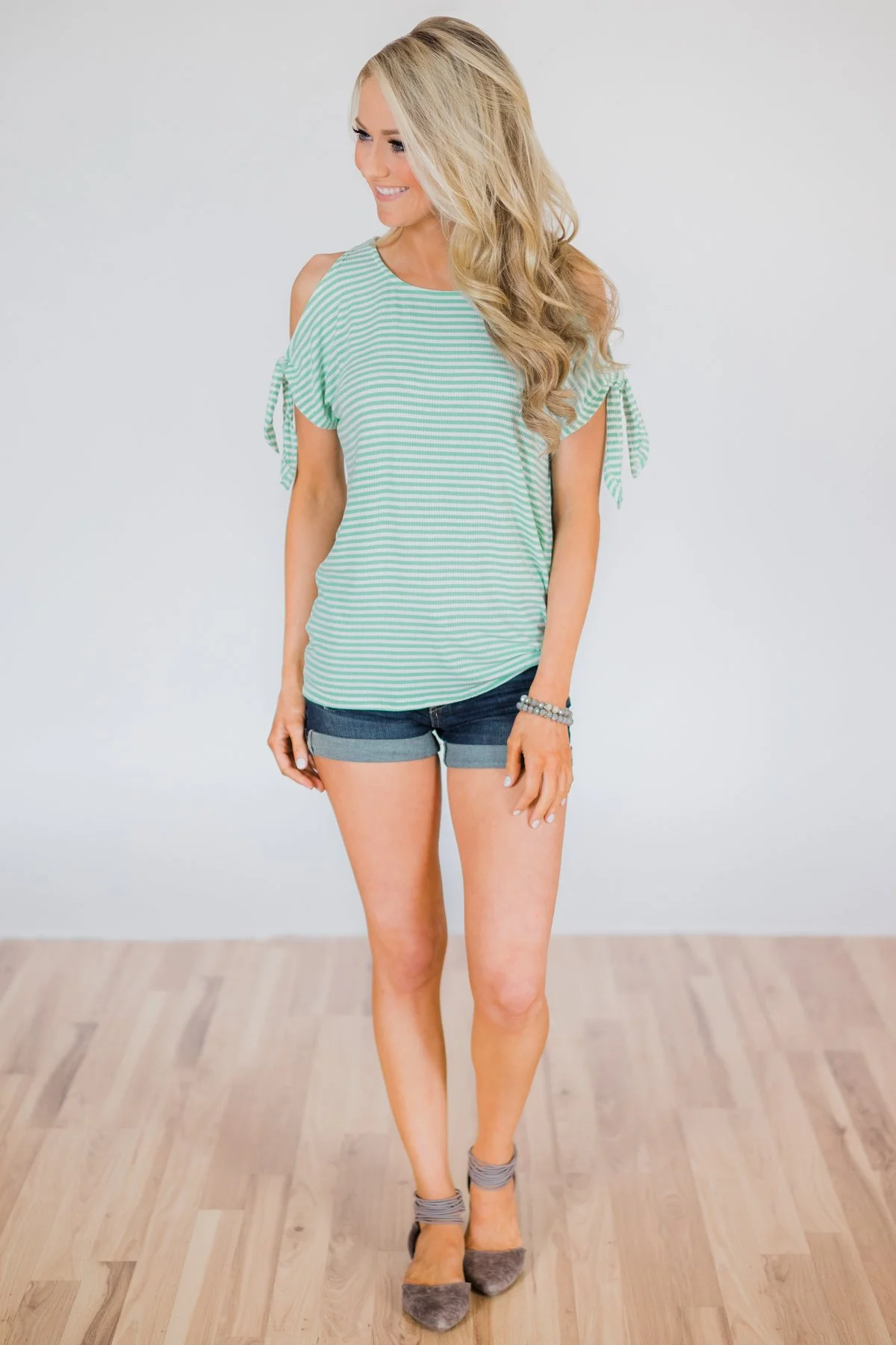 Mint Striped Cold Shoulder Top - Image 2