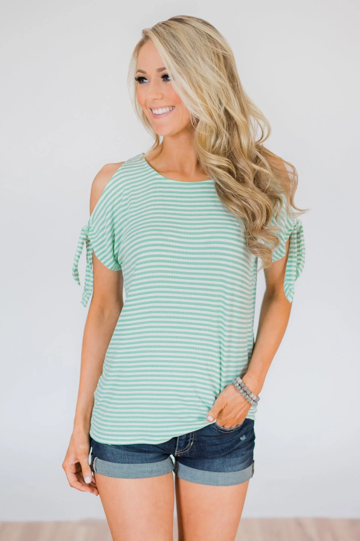 Mint Striped Cold Shoulder Top - Image 3