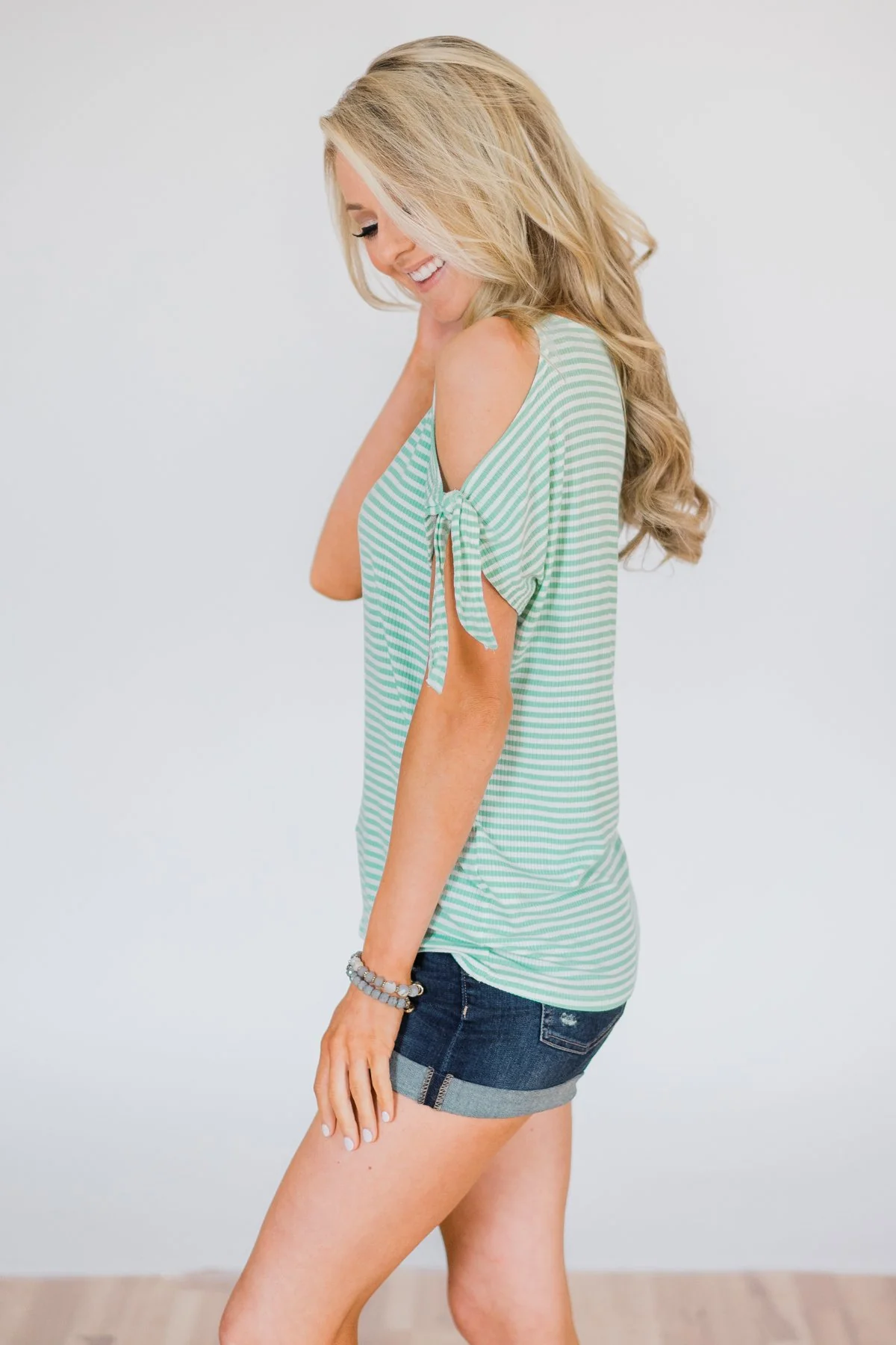 Mint Striped Cold Shoulder Top - Image 4