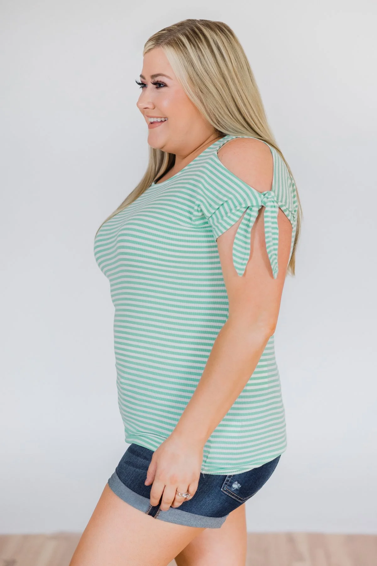 Mint Striped Cold Shoulder Top - Image 7