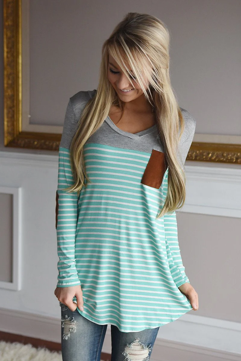 Mint Striped Elbow Patch Top - Image 2