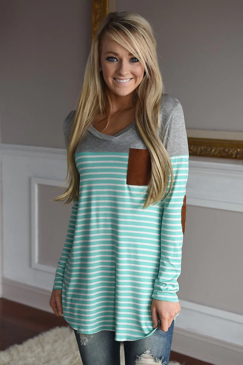 Mint Striped Elbow Patch Top - Image 3