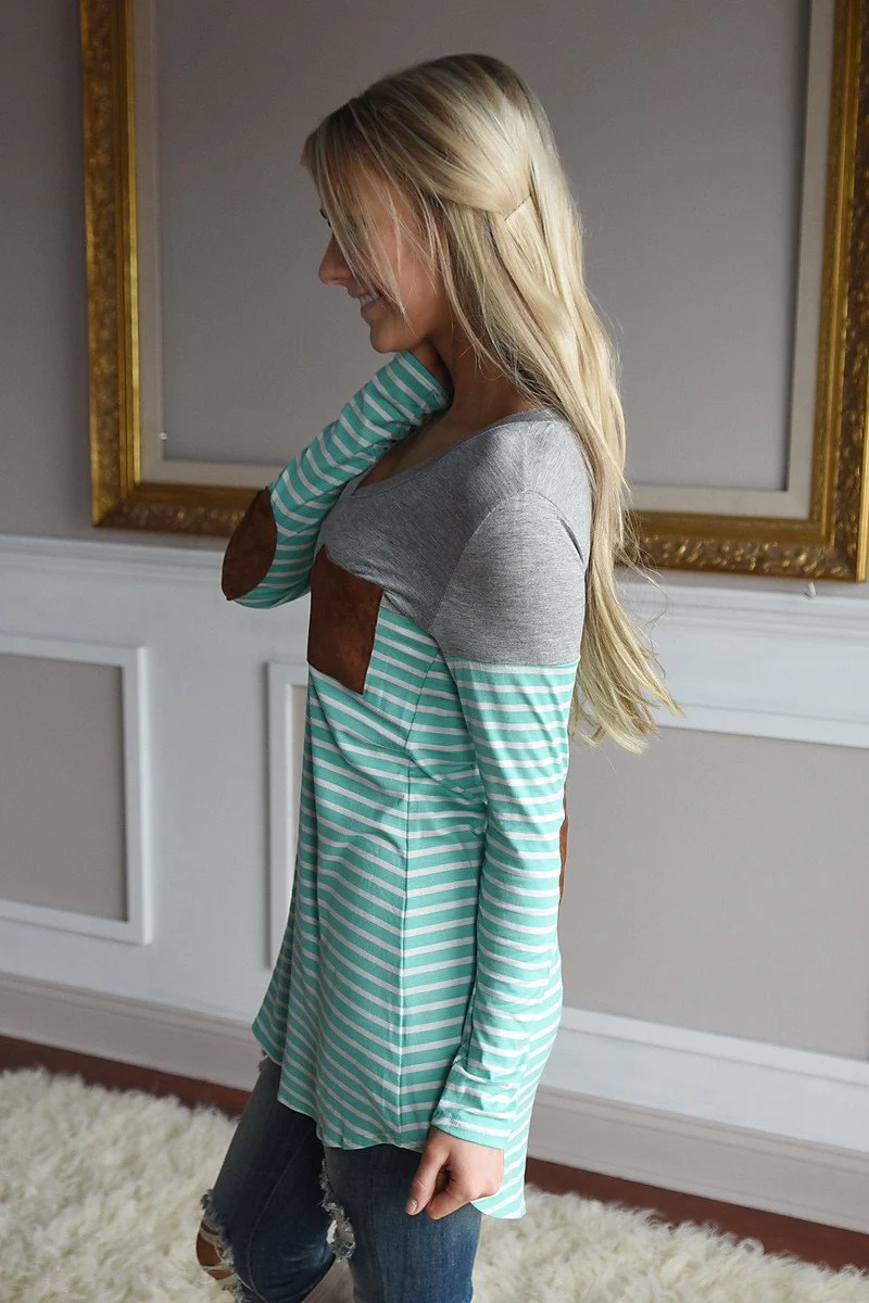 Mint Striped Elbow Patch Top - Image 5