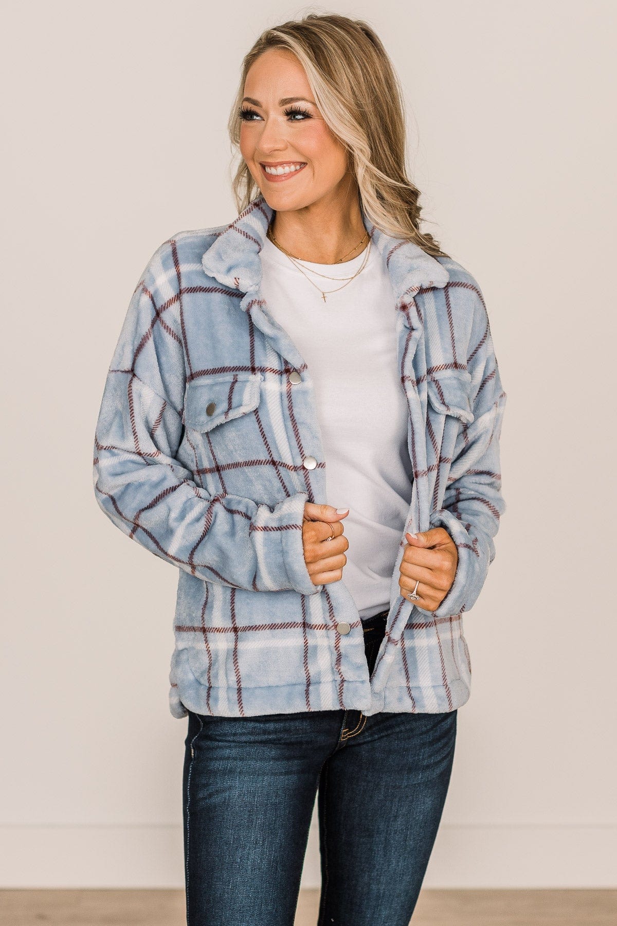 Miracles Await Plaid Button Sherpa- Blue - Image 3