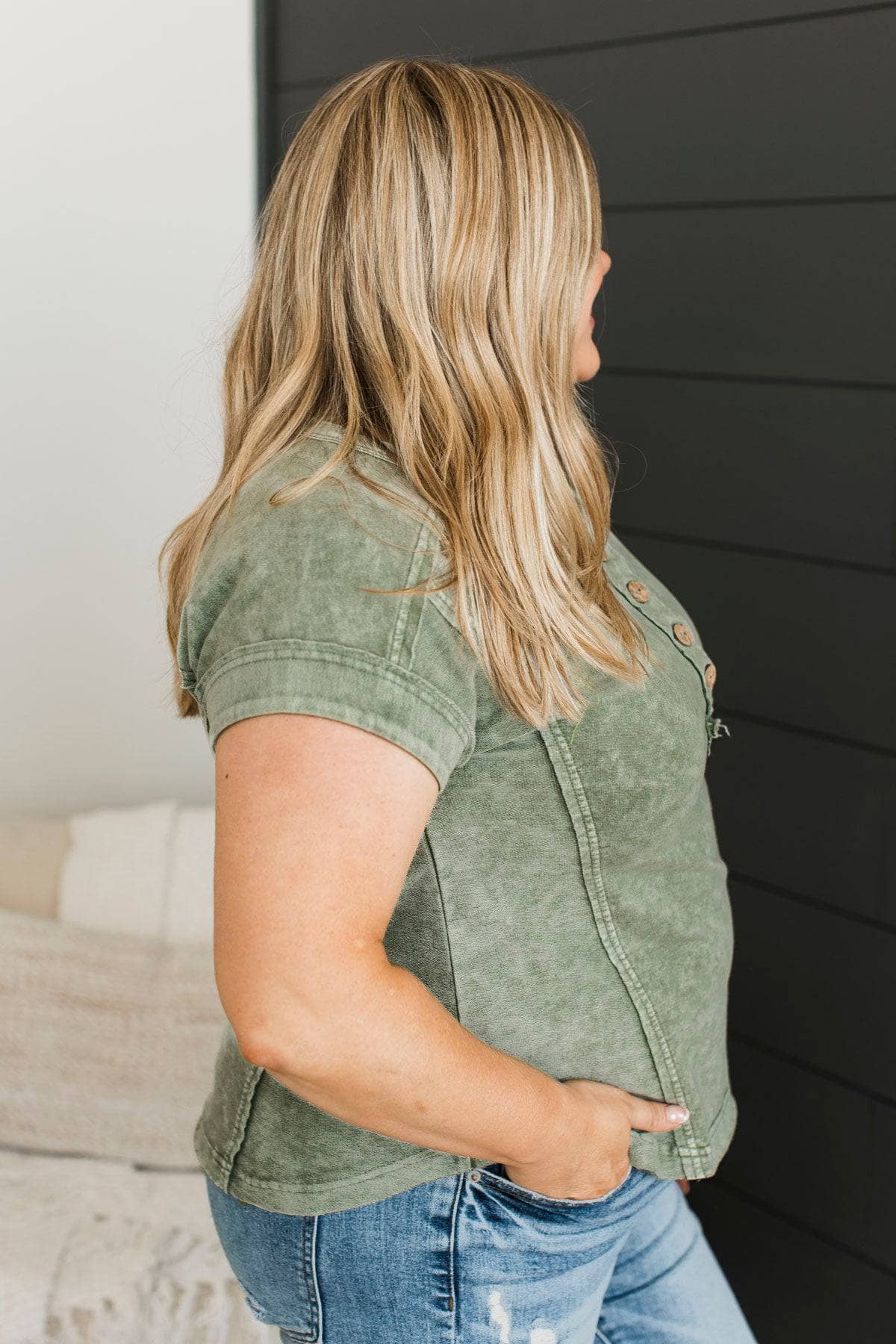 Miracles Happen Short Sleeve Henley Top- Olive - Image 5