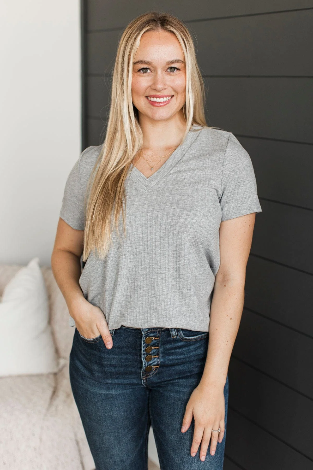 Miss You Already V-Neck Top- Heather Grey - Image 3
