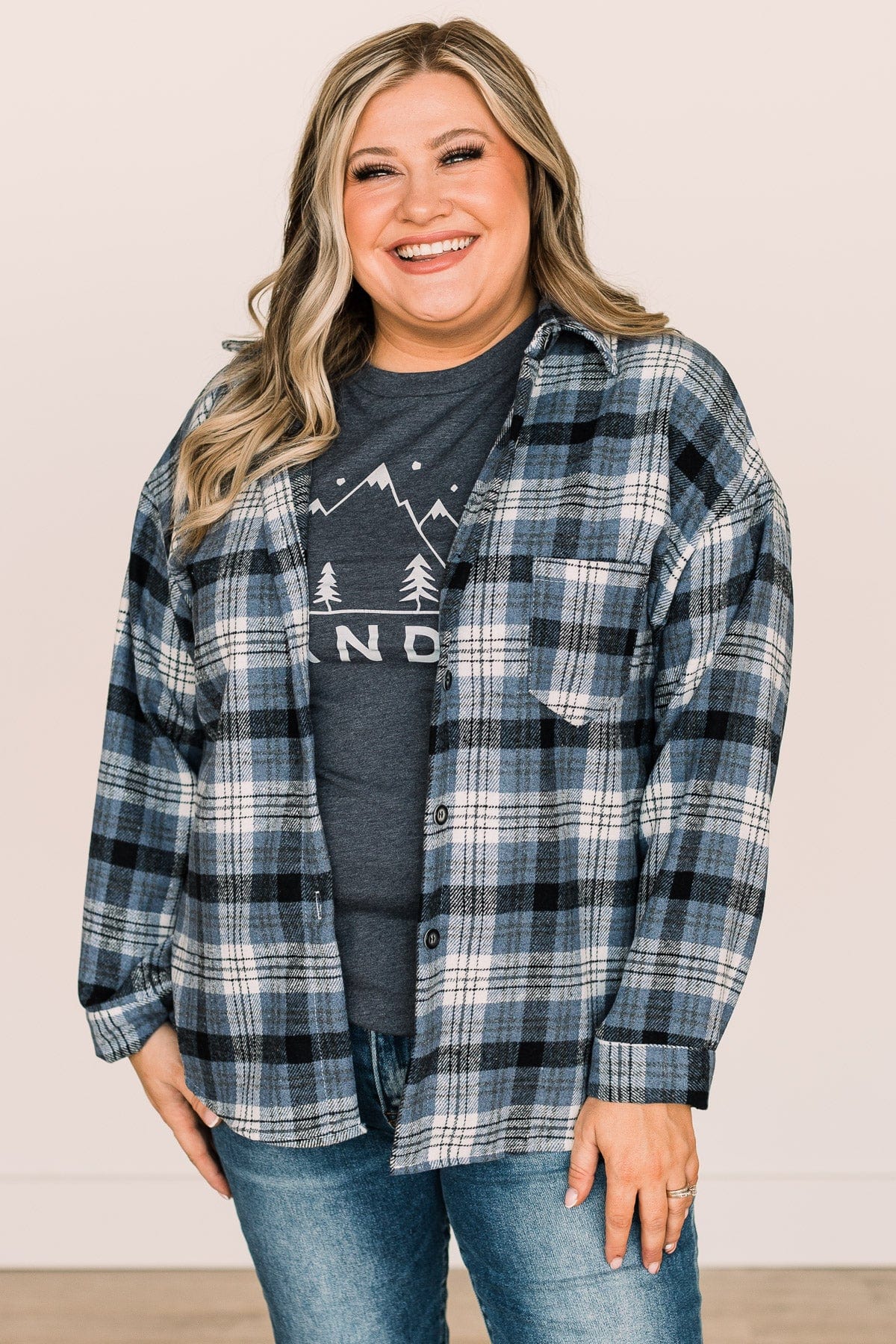 Missing You Plaid Button Top- Navy - Image 2