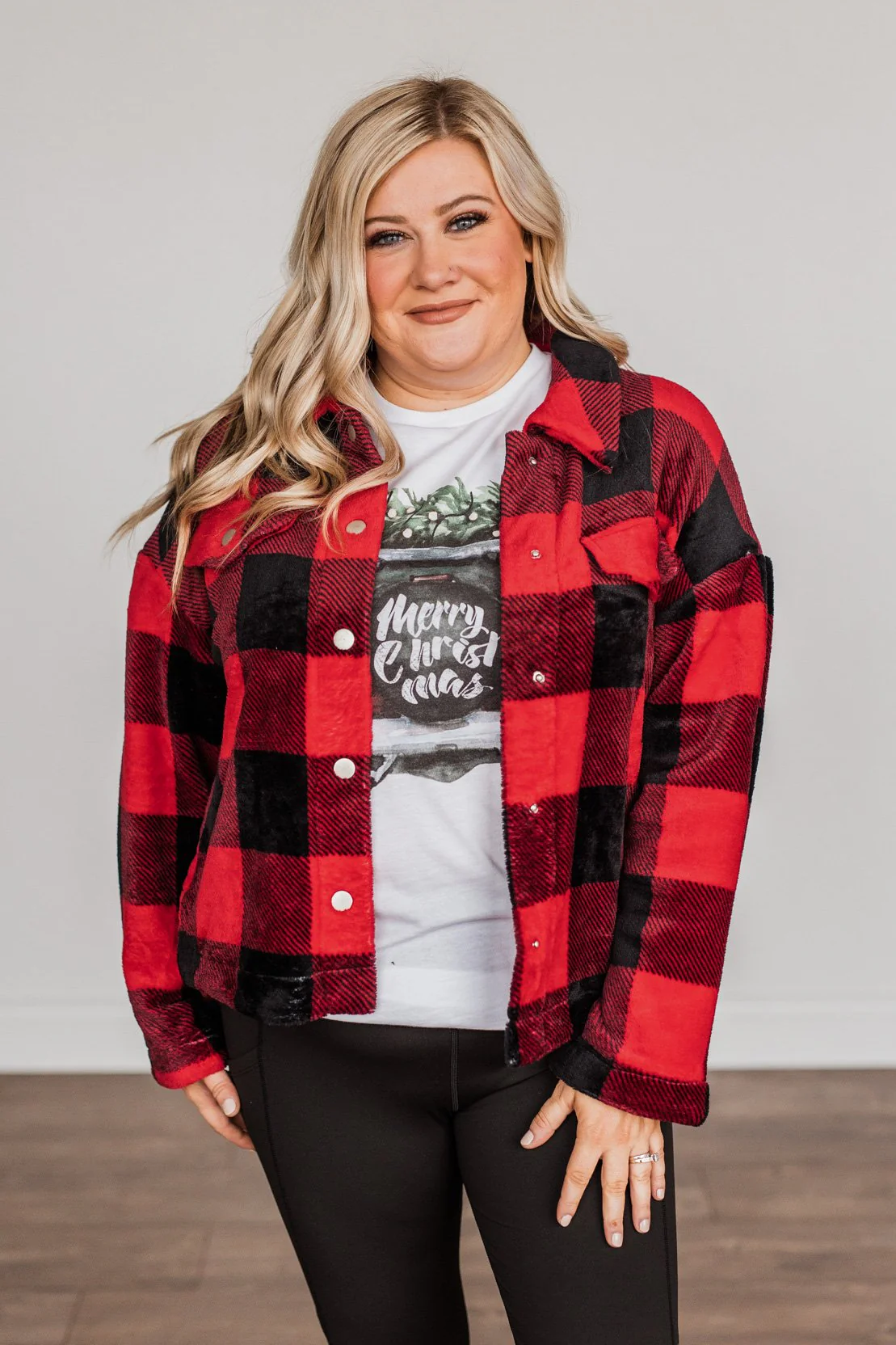 Mistletoe Kisses Plaid Button Up Sherpa- Red & Black - Image 3