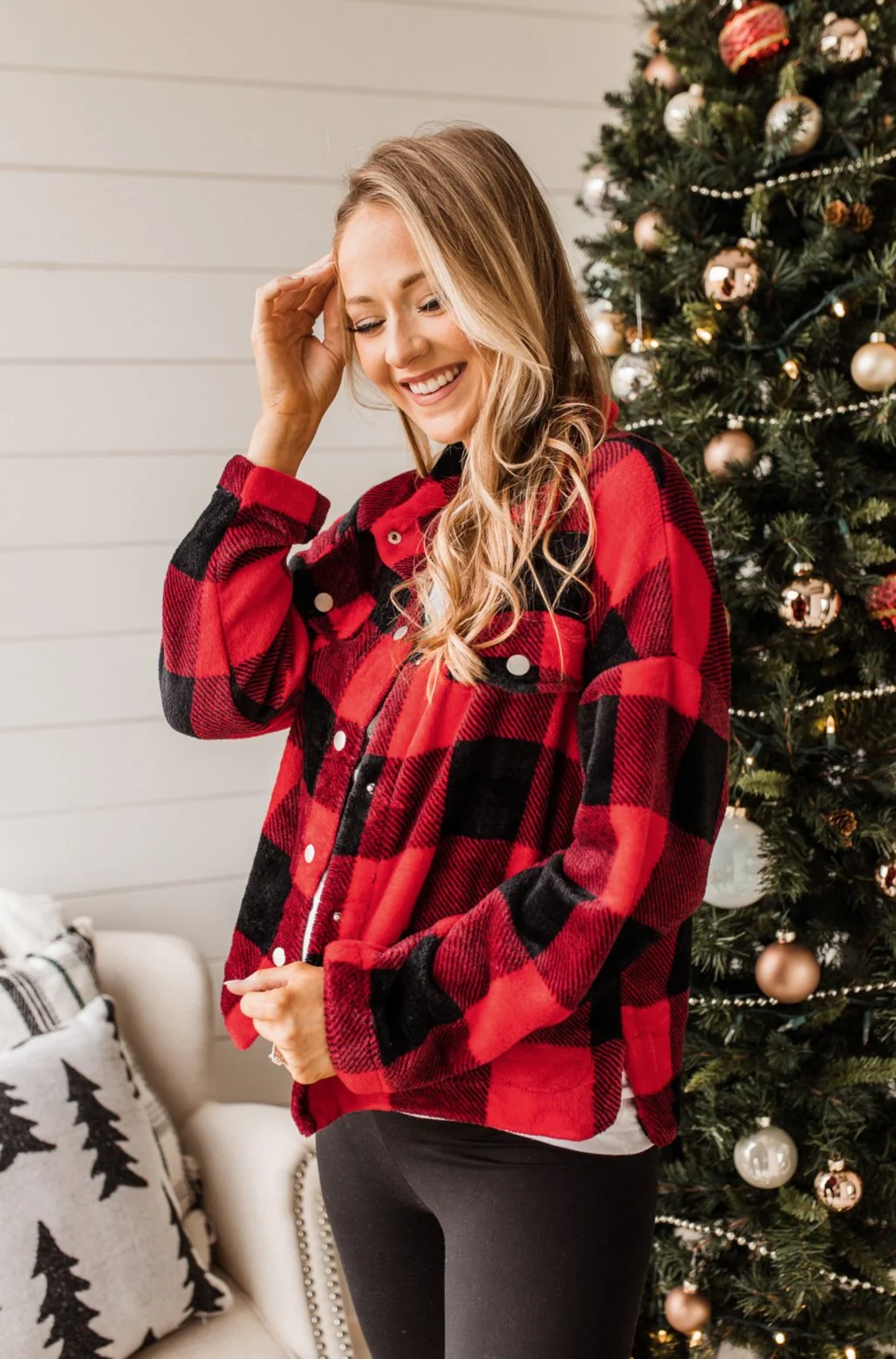 Mistletoe Kisses Plaid Button Up Sherpa- Red & Black - Image 6