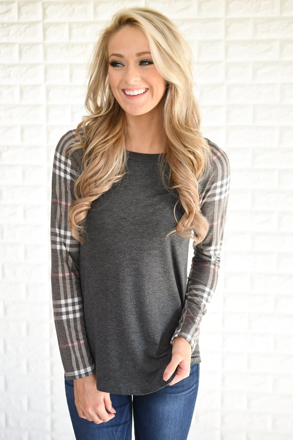 Mocha Plaid Sleeve Raglan Top - Image 2