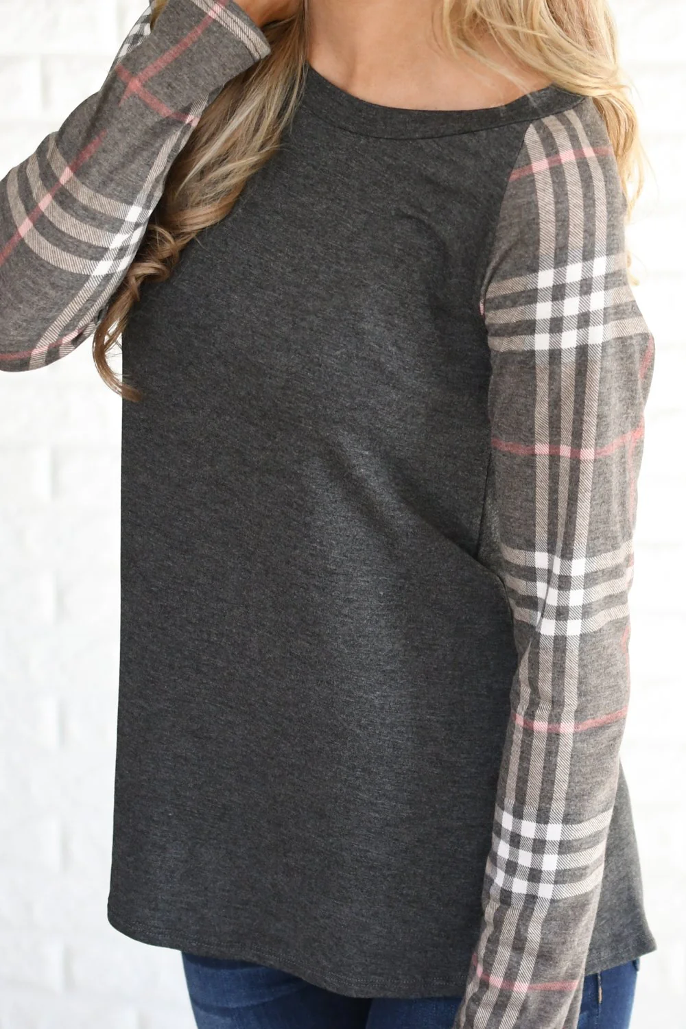 Mocha Plaid Sleeve Raglan Top - Image 4